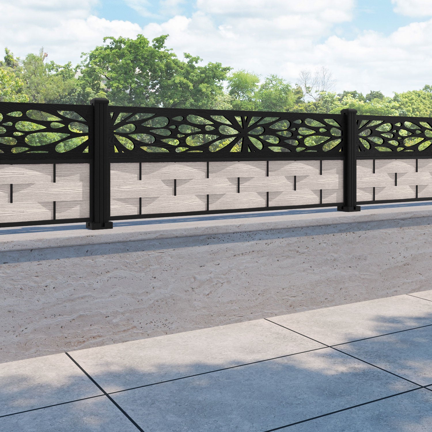 Ripple Blossom Fence Panel - Mid Stone - with our aluminium posts