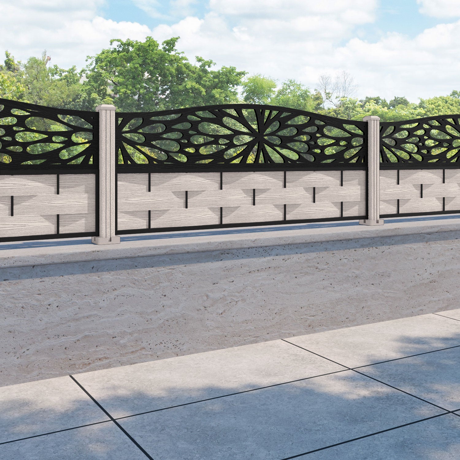 Ripple Blossom Curved Top Fence Panel - Mid Stone - with our composite posts