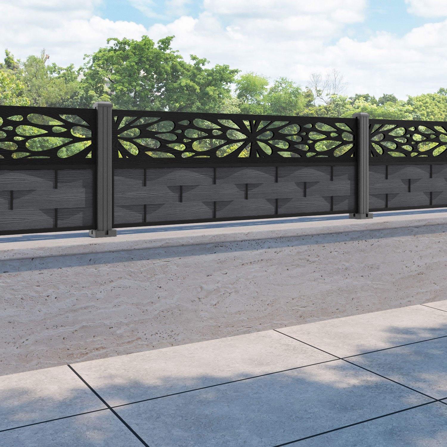 Ripple Blossom Fence Panel - Dark Grey - with our aluminium posts