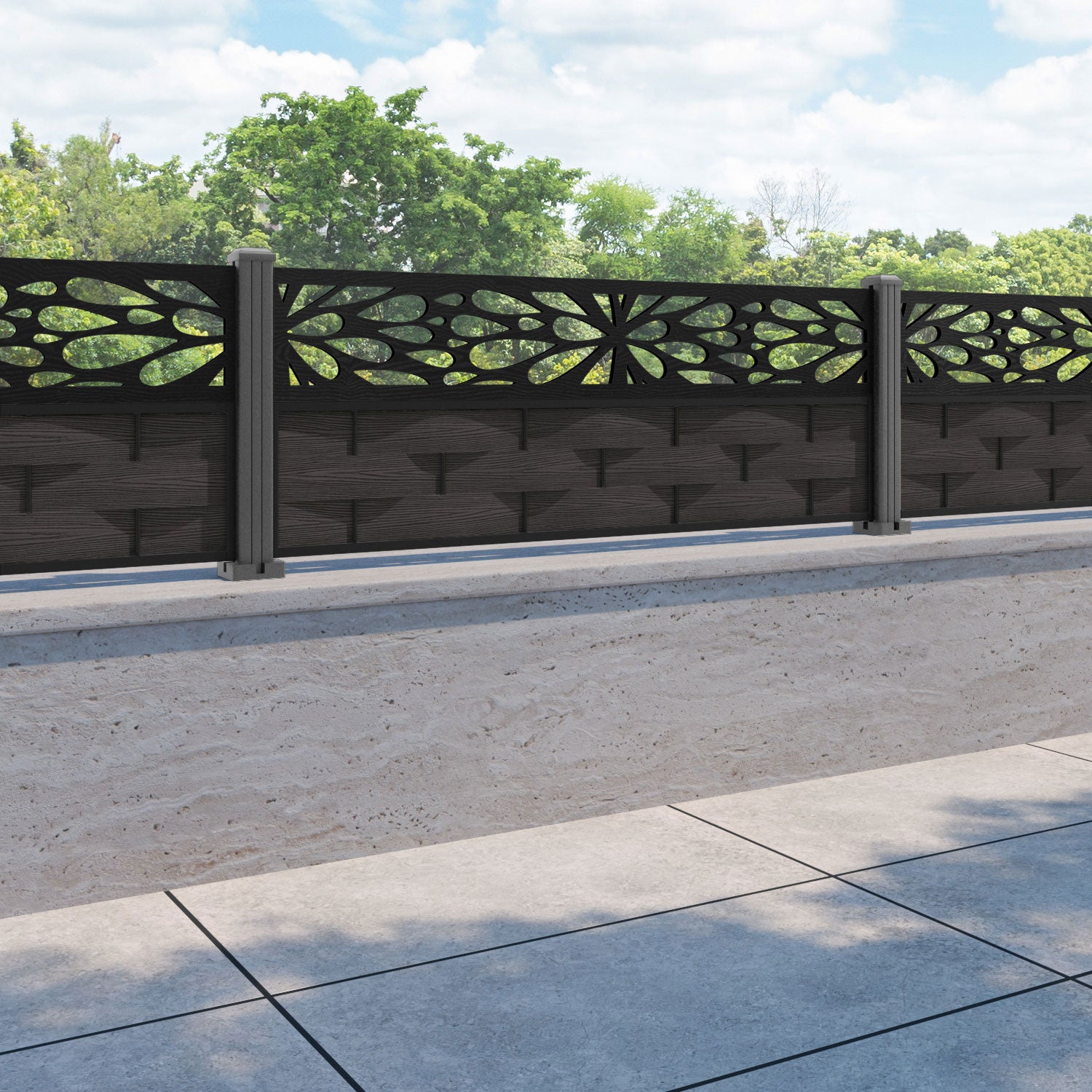 Ripple Blossom Fence Panel - Dark Oak - with our aluminium posts