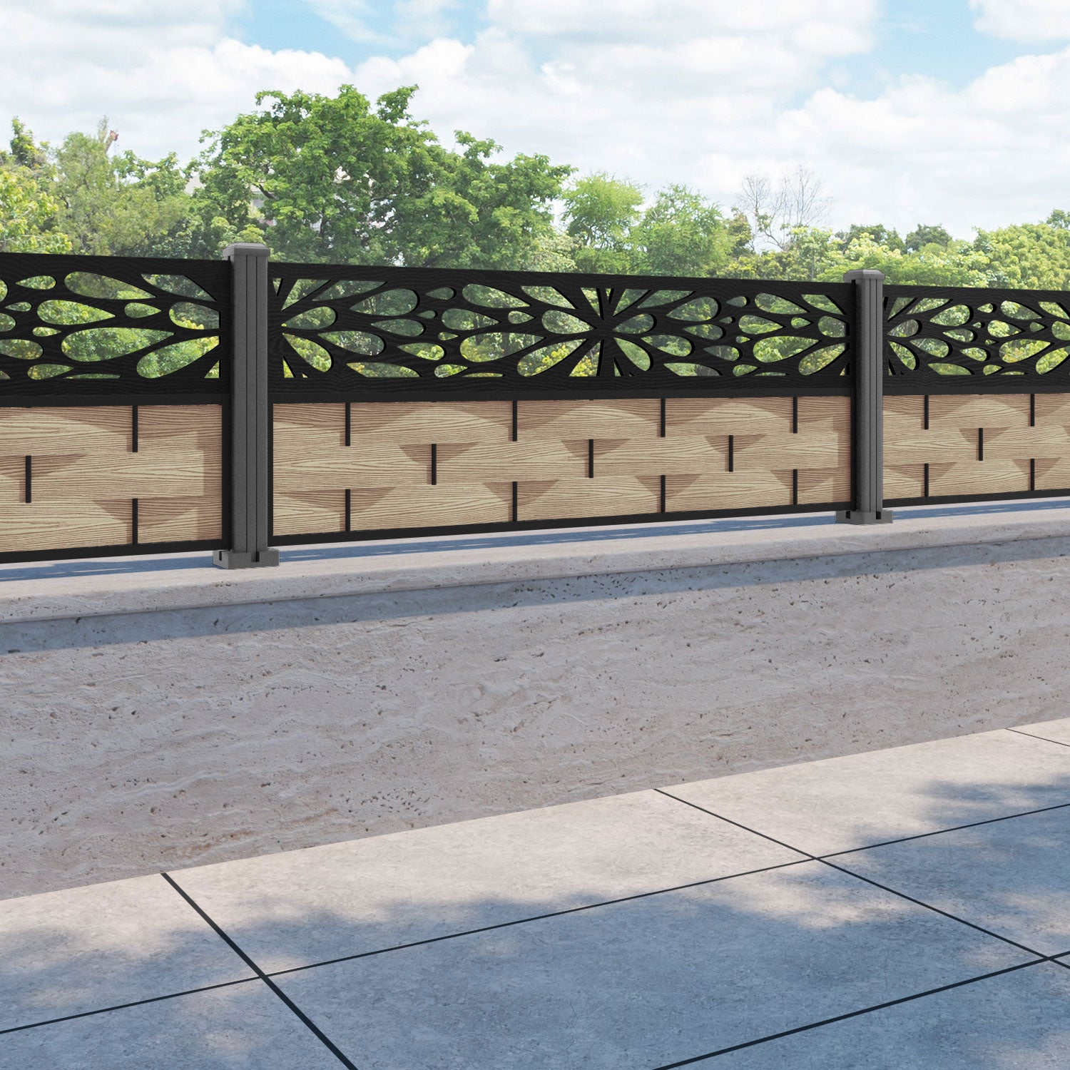 Ripple Blossom Fence Panel - Light Oak - with our aluminium posts