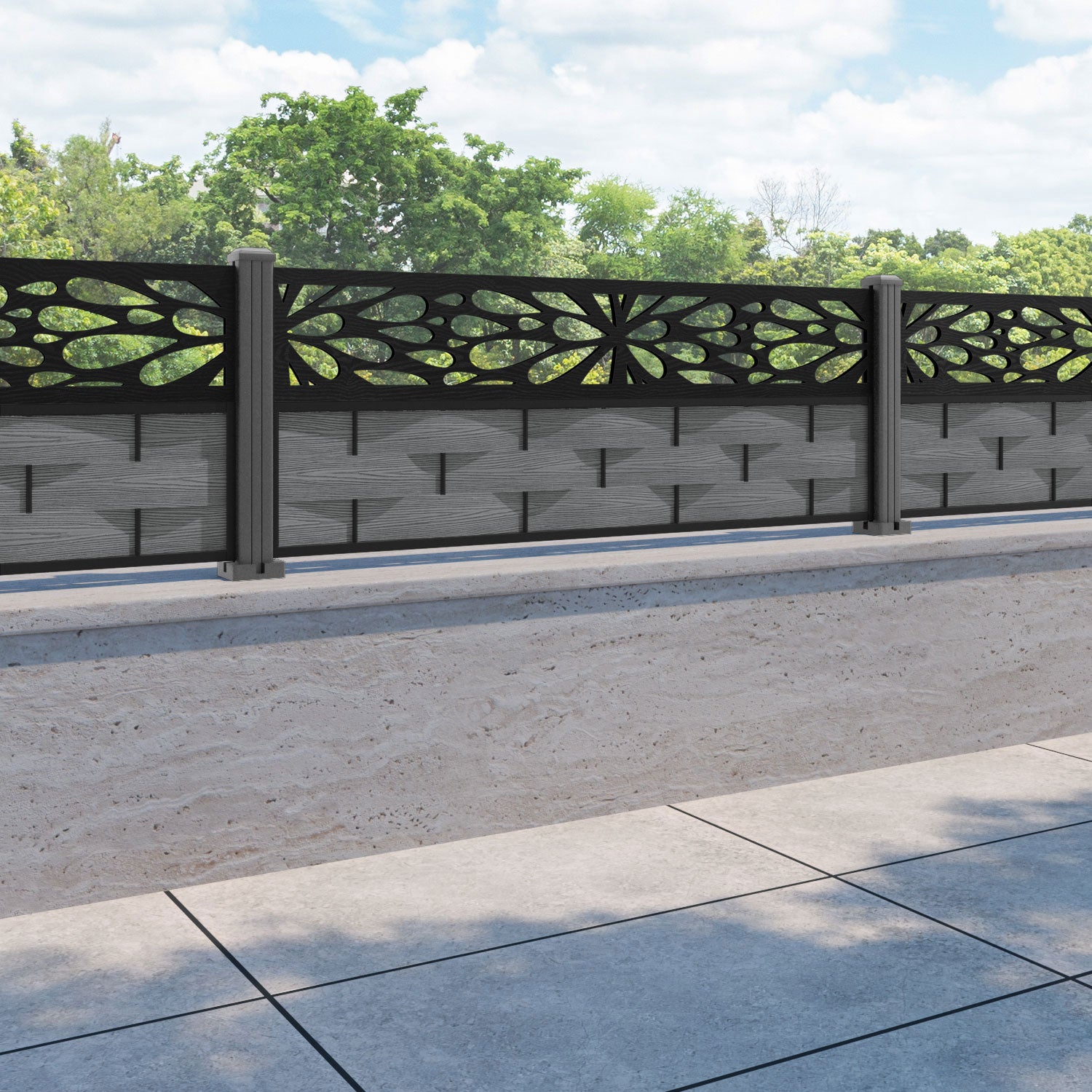 Ripple Blossom Fence Panel - Mid Grey - with our aluminium posts