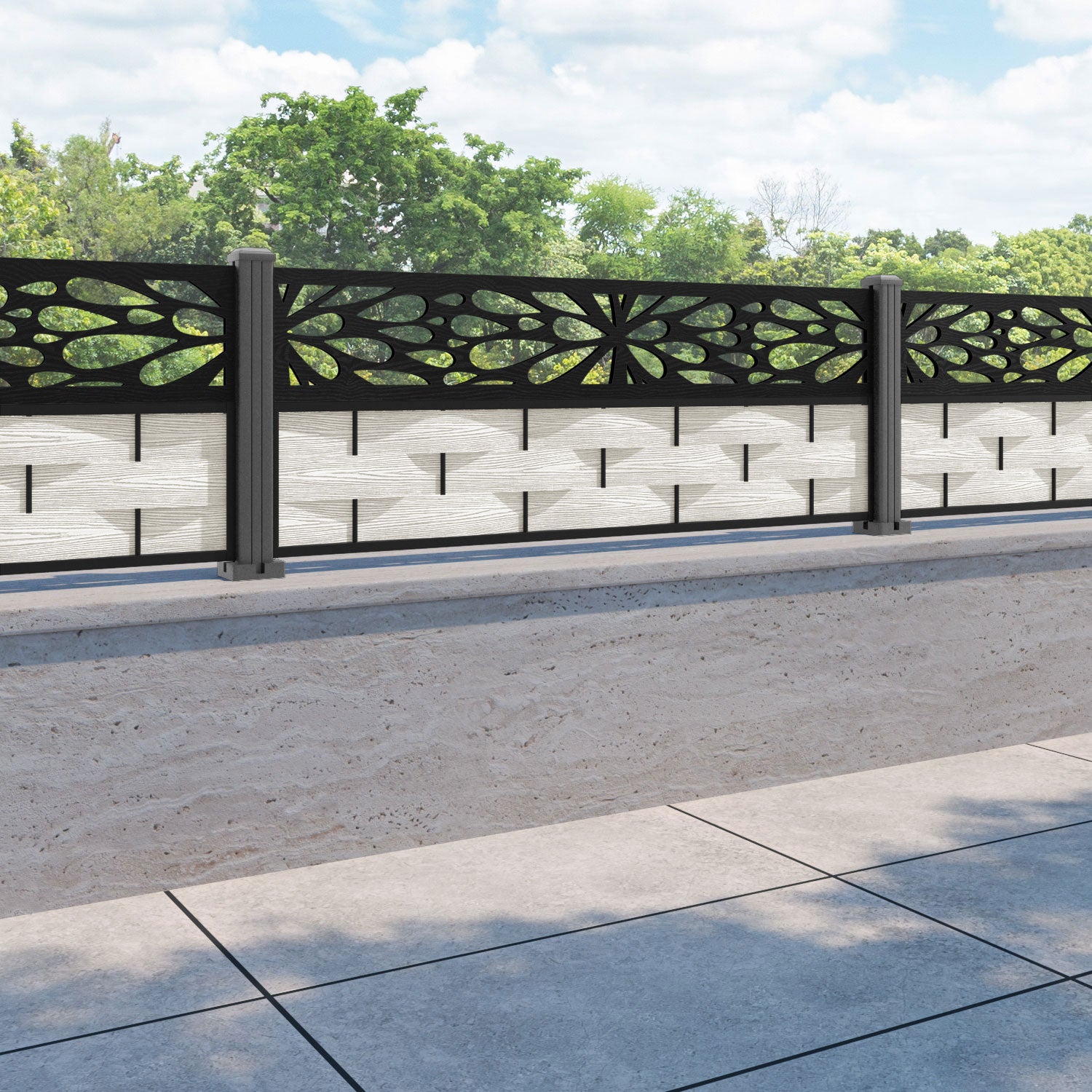 Ripple Blossom Fence Panel - Light Stone - with our aluminium posts