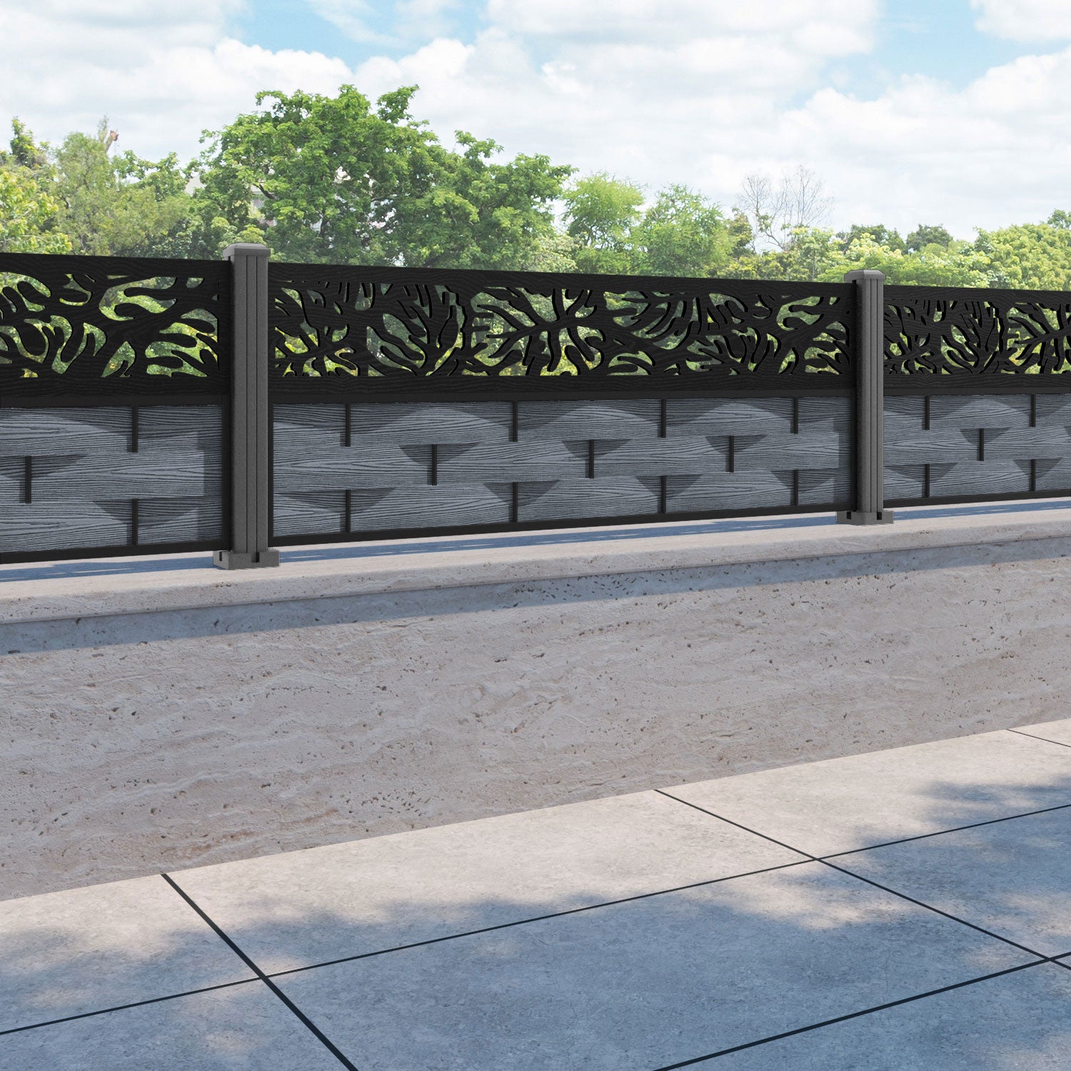 Ripple Botanic Fence Panel - Anthracite - with our aluminium posts