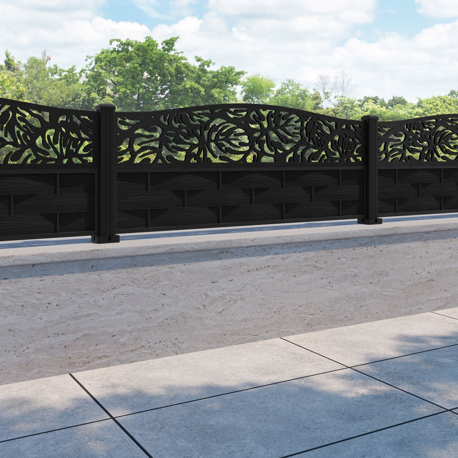 Ripple Botanic Curved Top Fence Panel - Black - with our aluminium posts