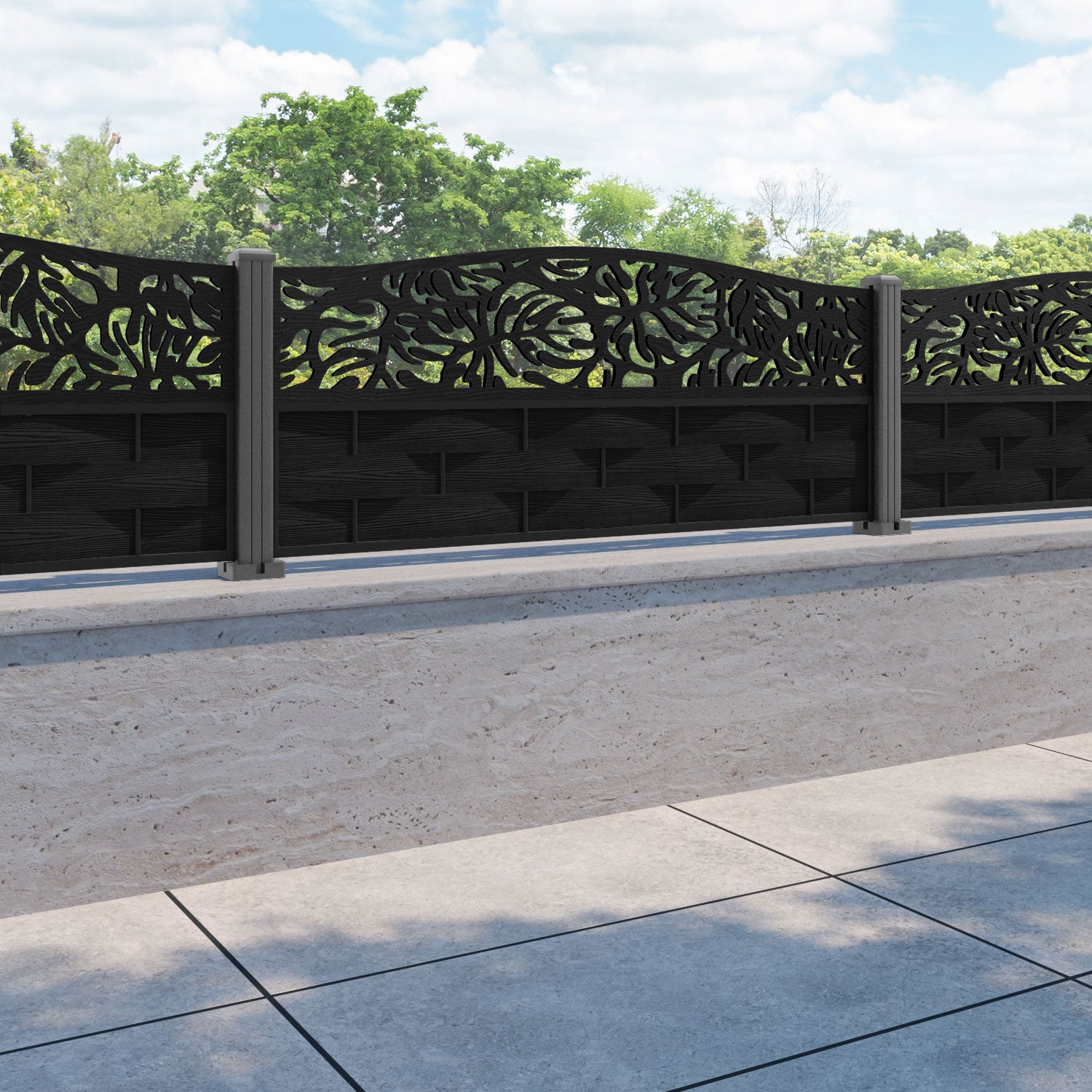 Ripple Botanic Curved Top Fence Panel - Black - with our aluminium posts