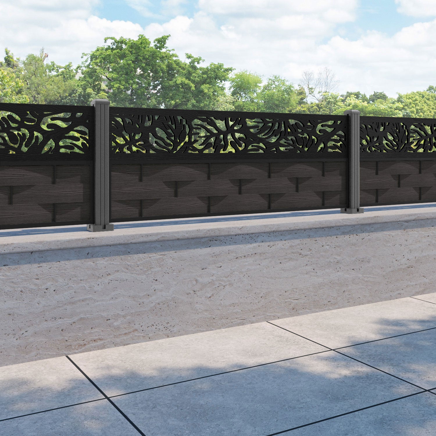 Ripple Botanic Fence Panel - Dark Oak - with our aluminium posts