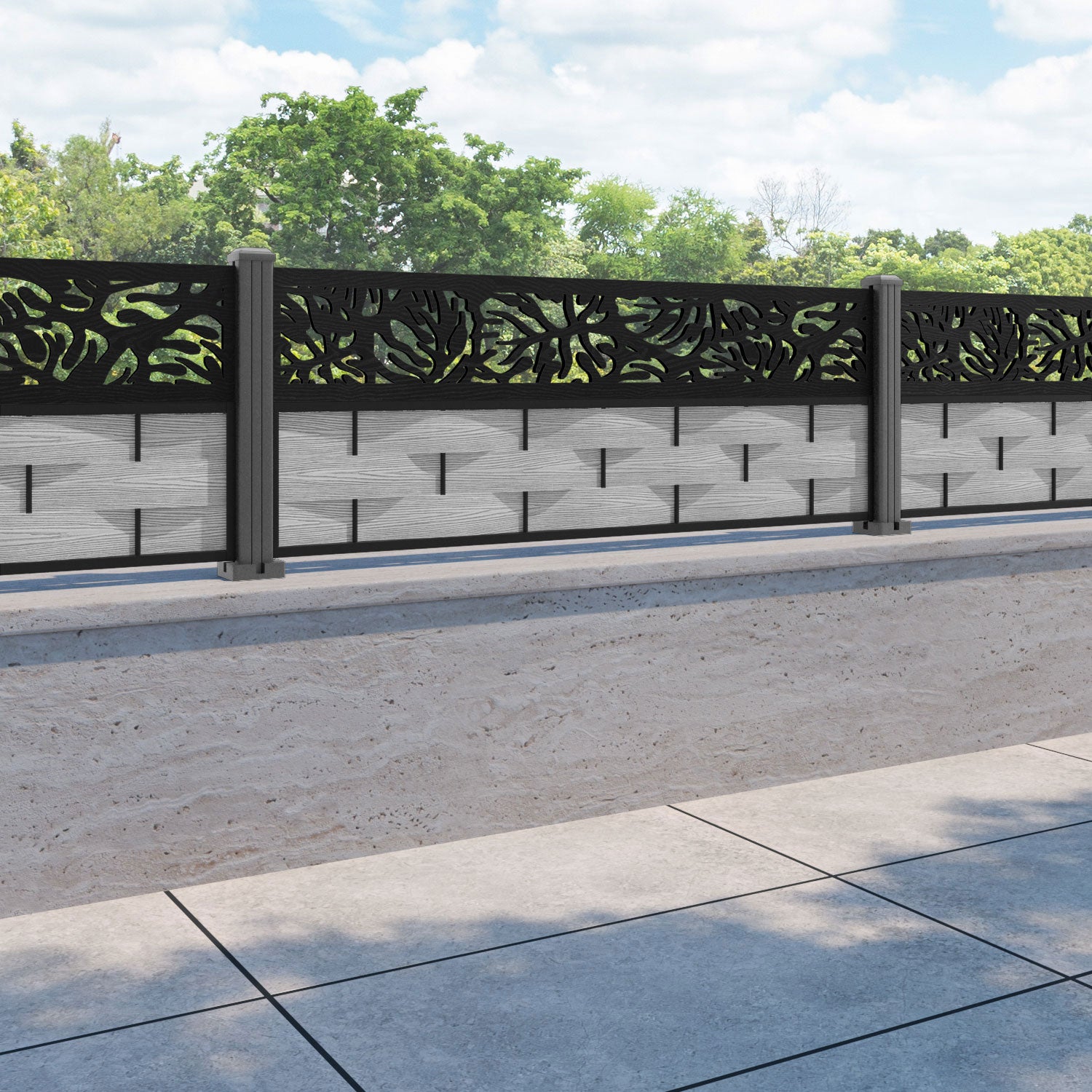 Ripple Botanic Fence Panel - Light Grey - with our aluminium posts