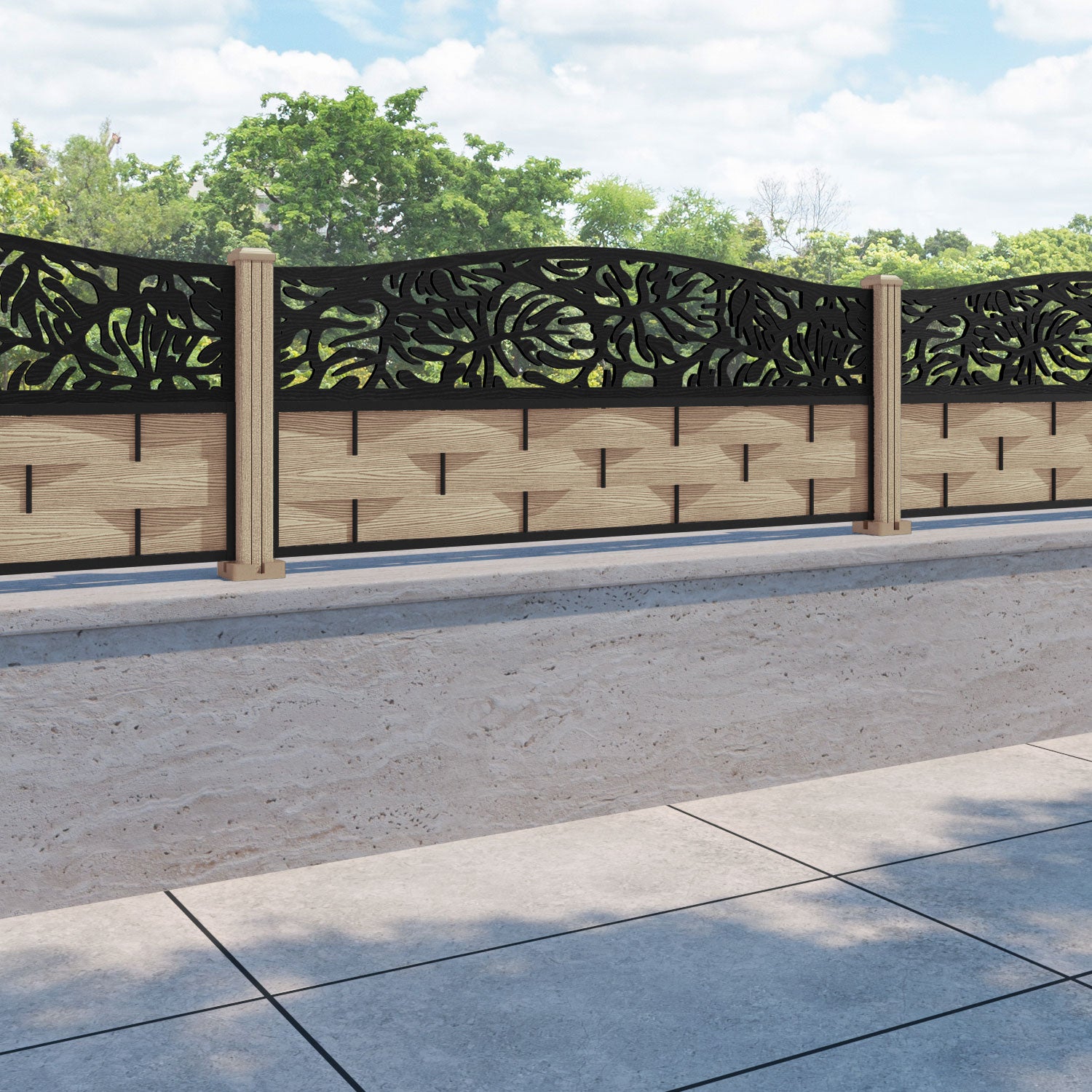 Ripple Botanic Curved Top Fence Panel - Light Oak - with our composite posts