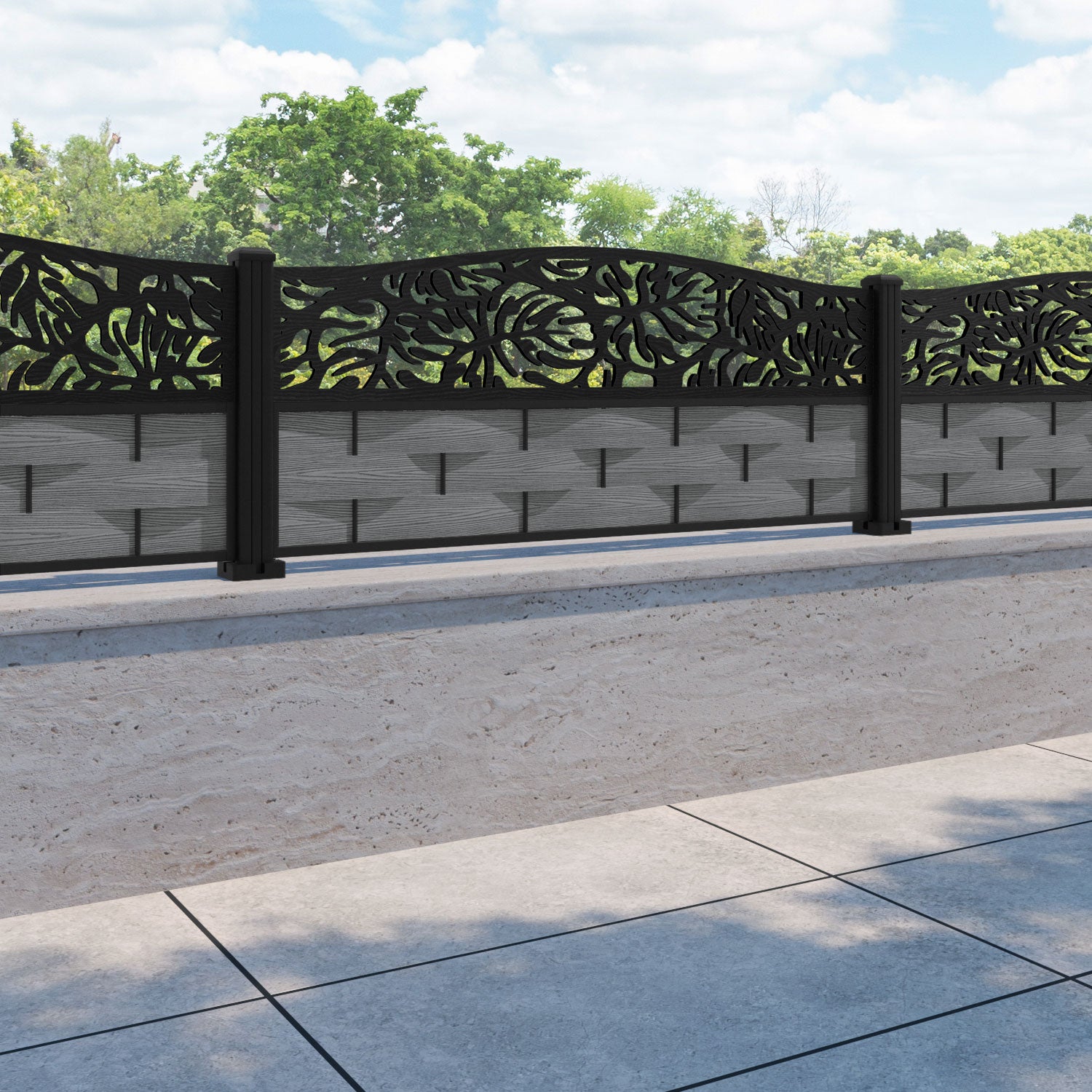 Ripple Botanic Curved Top Fence Panel - Mid Grey - with our aluminium posts