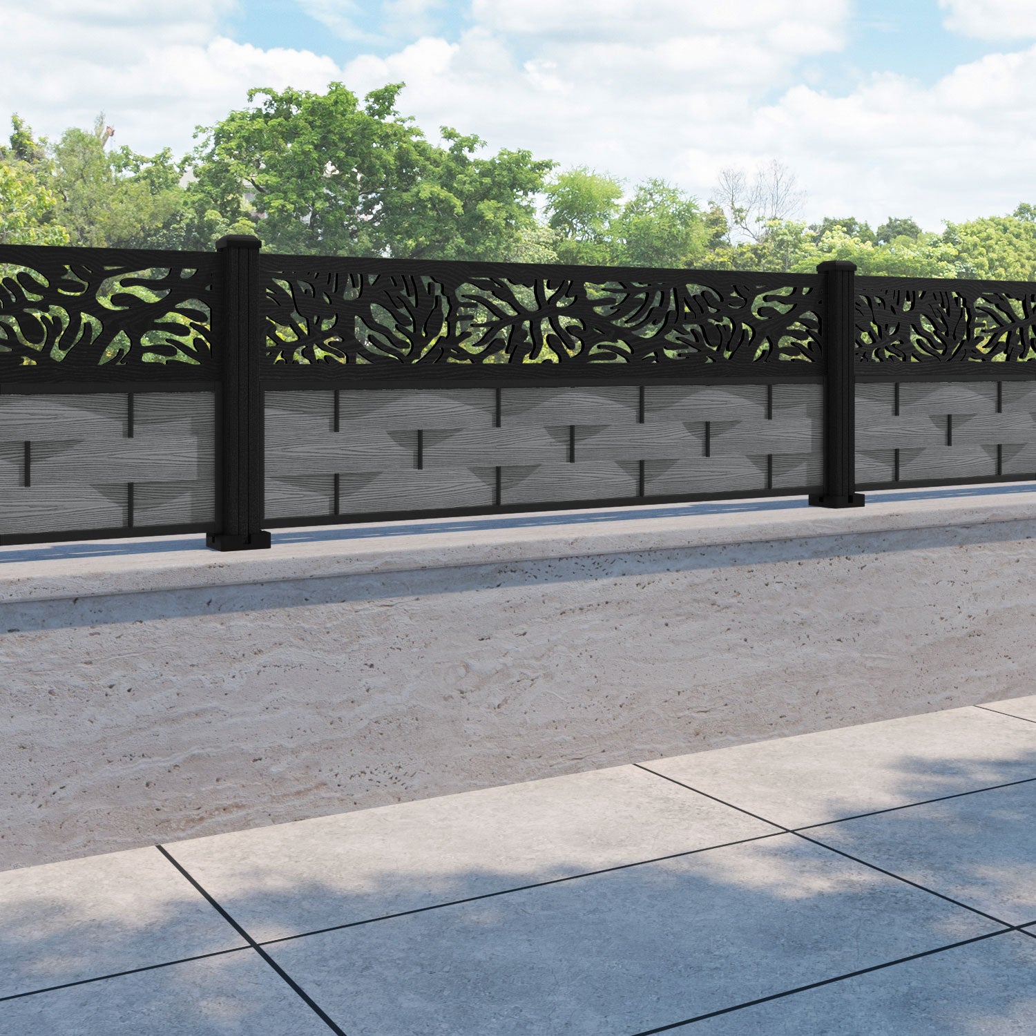 Ripple Botanic Fence Panel - Mid Grey - with our composite posts
