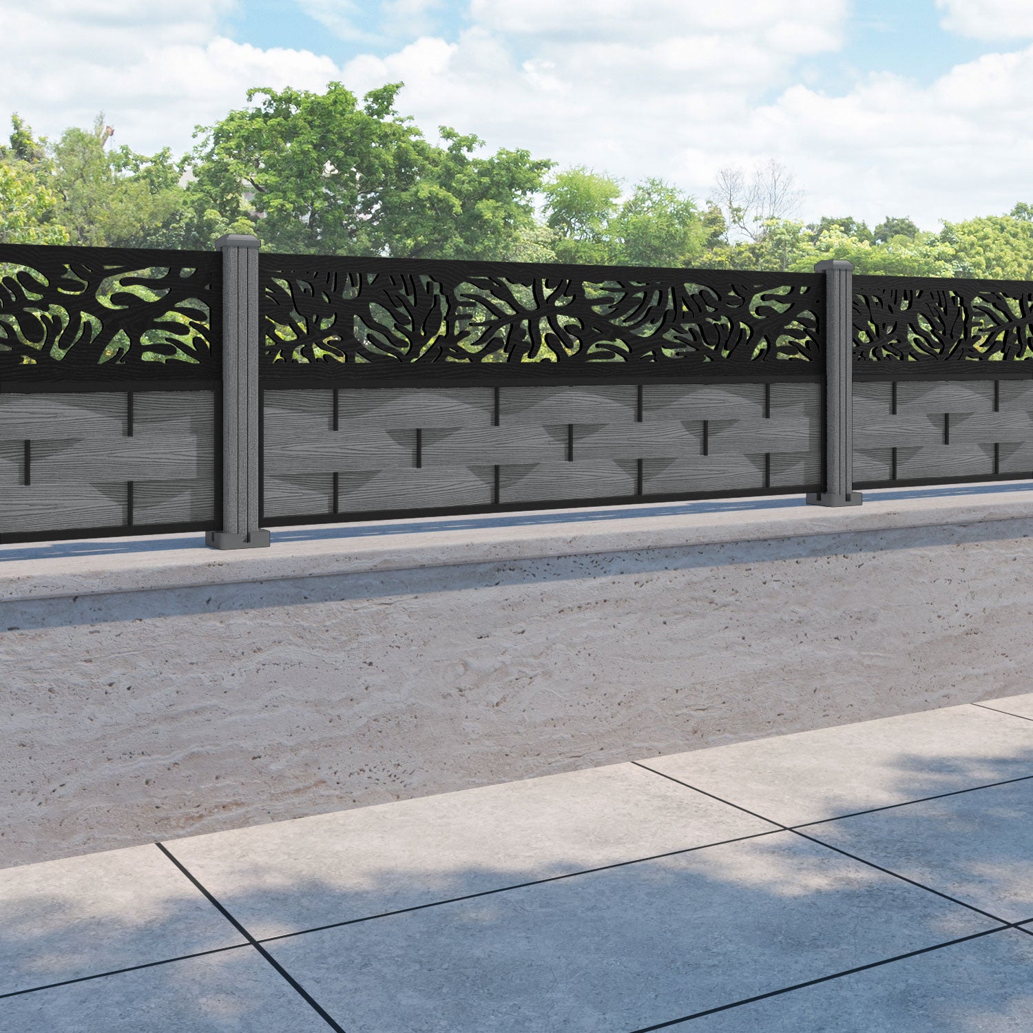 Ripple Botanic Fence Panel - Mid Grey - with our composite posts