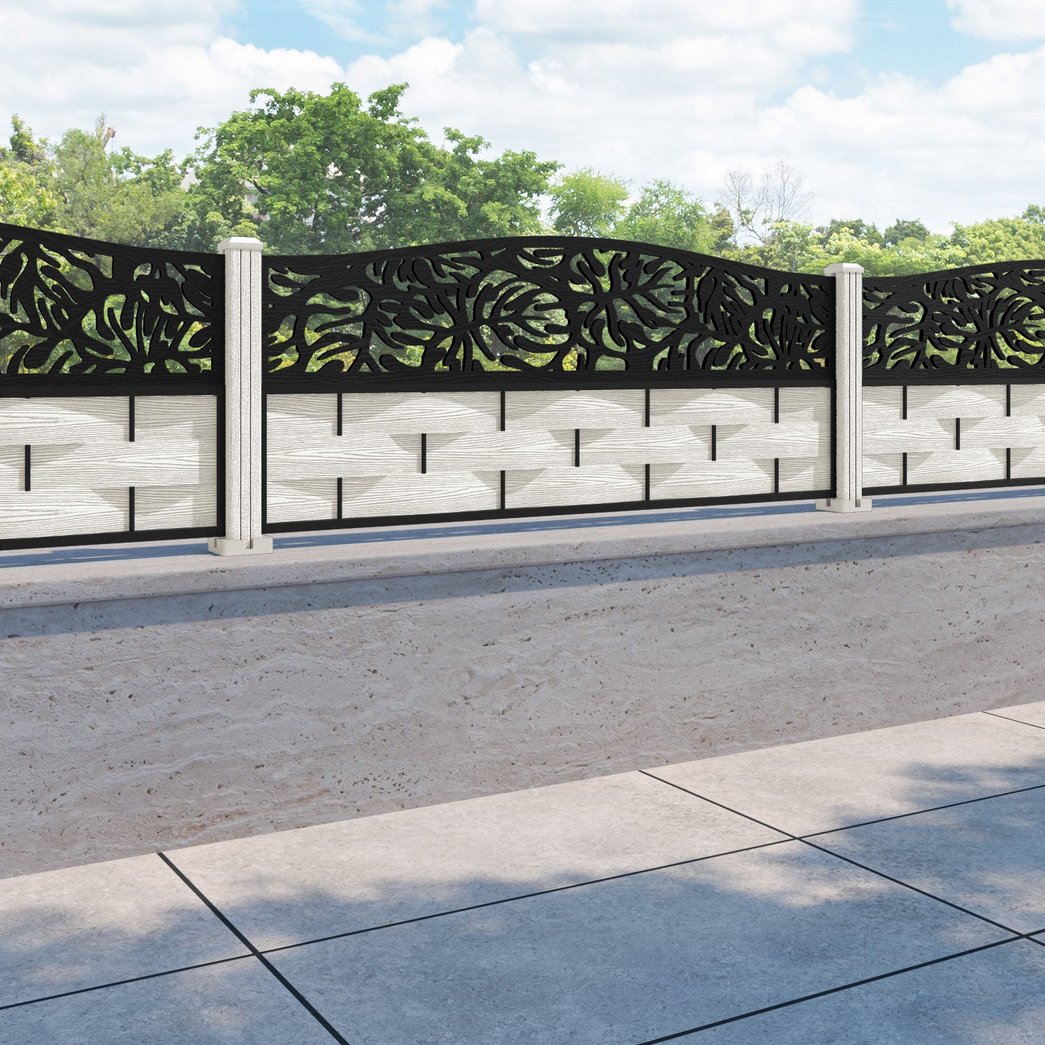 Ripple Botanic Curved Top Fence Panel - Light Stone - with our composite posts