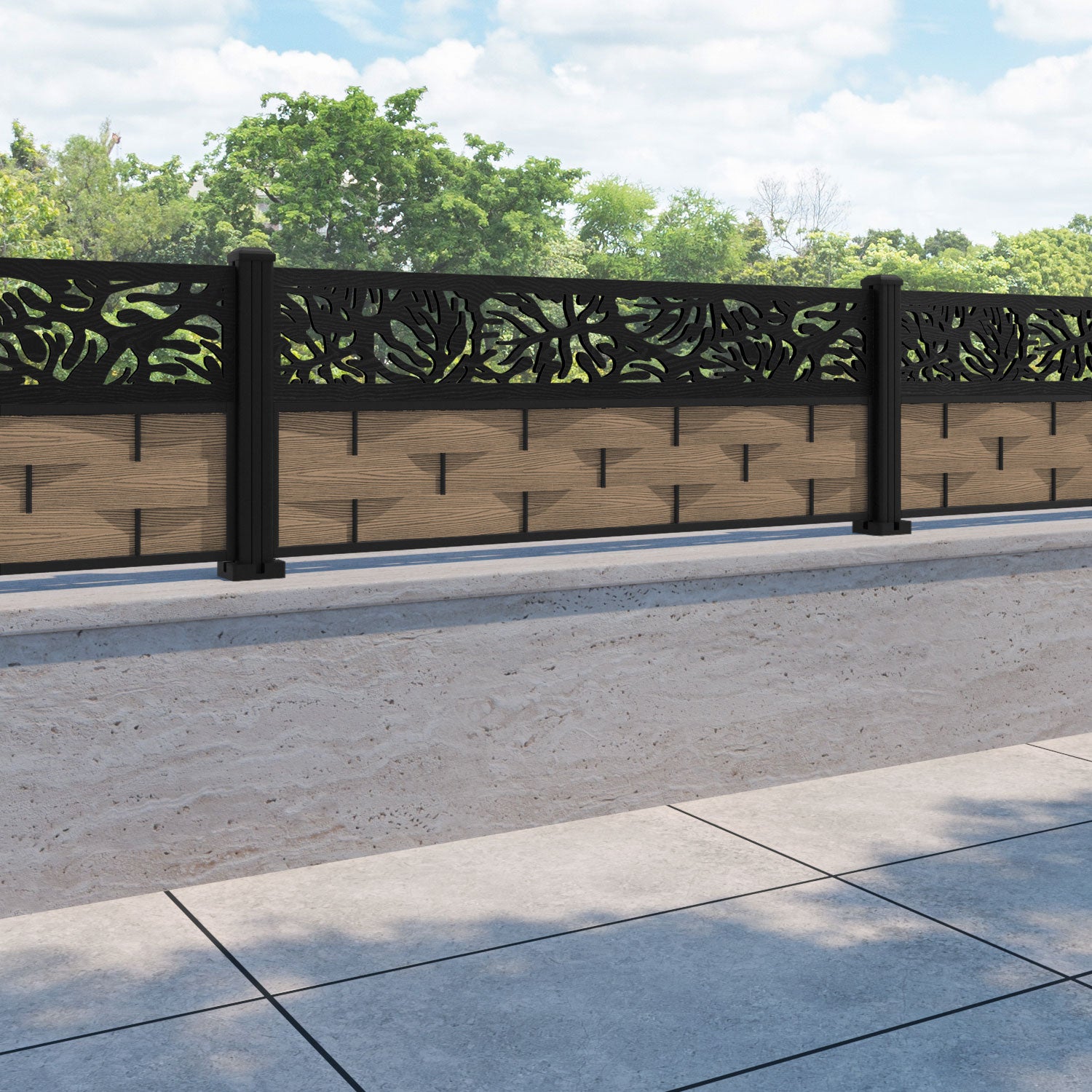 Ripple Botanic Fence Panel - Teak - with our aluminium posts