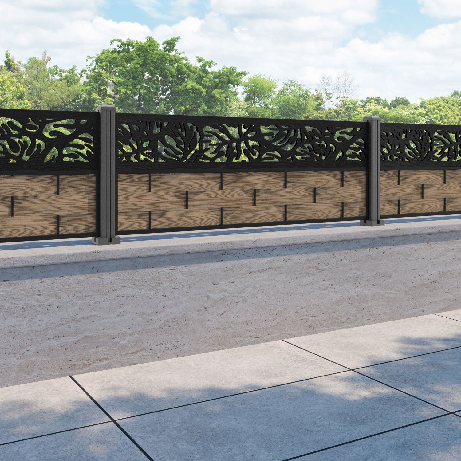 Ripple Botanic Fence Panel - Teak - with our aluminium posts