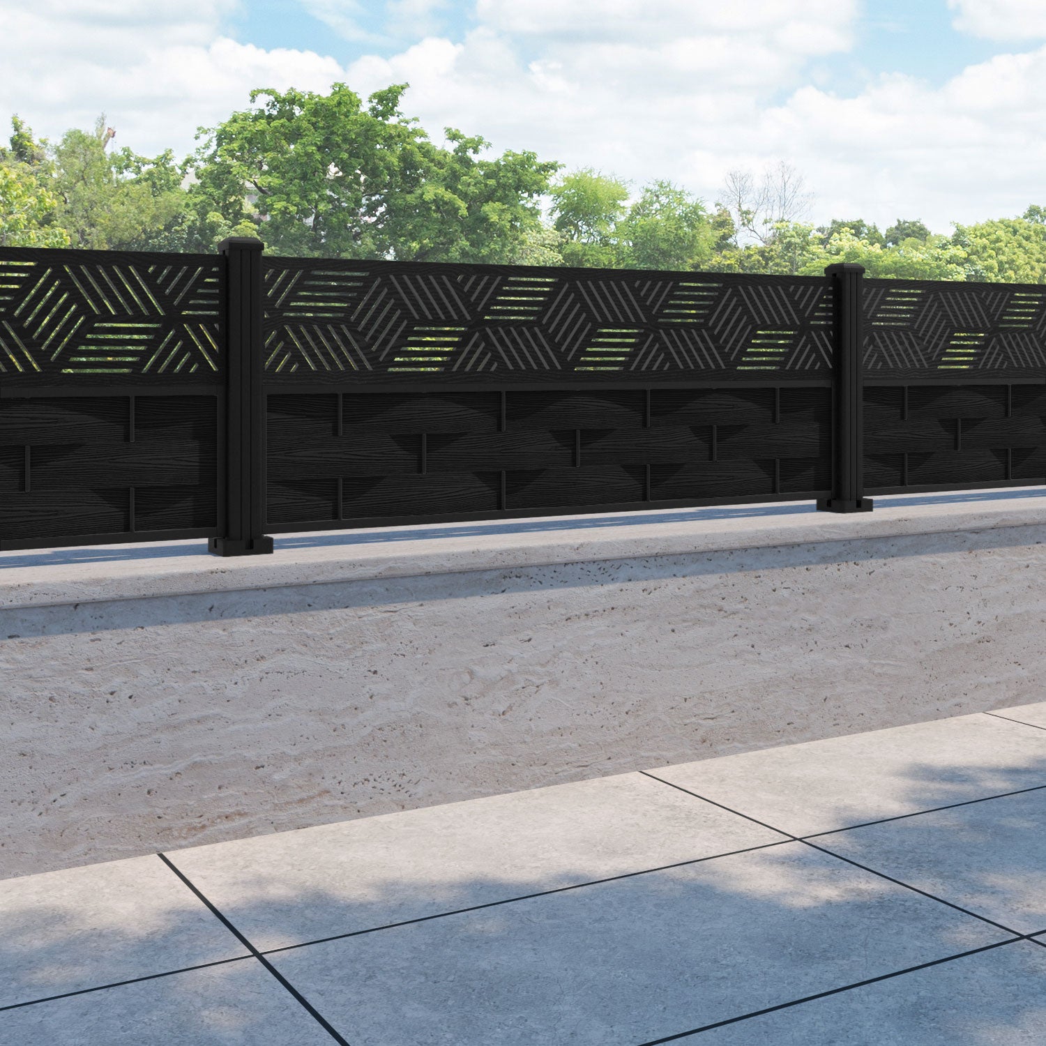 Ripple Cubed Fence Panel - Black - with our aluminium posts