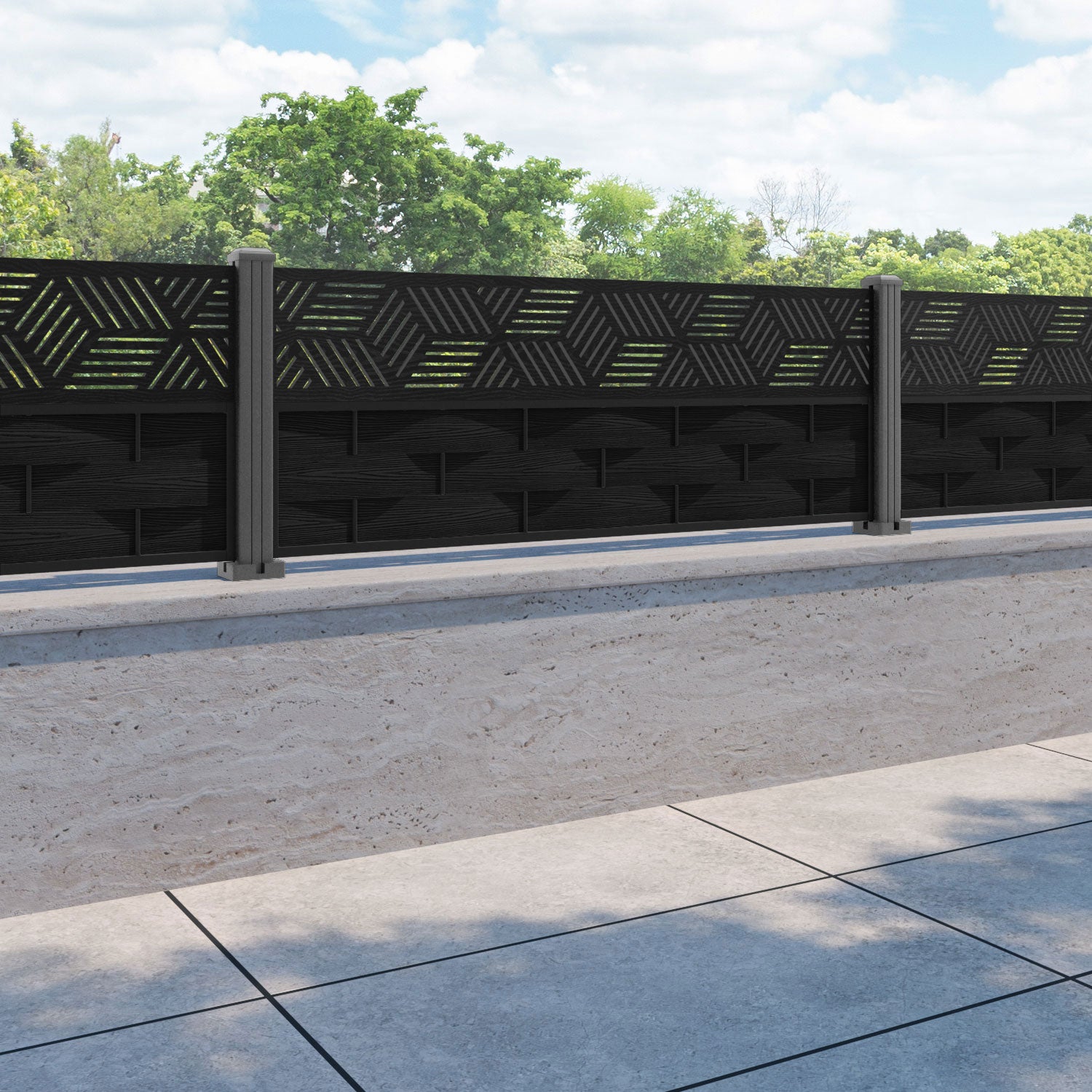 Ripple Cubed Fence Panel - Black - with our aluminium posts