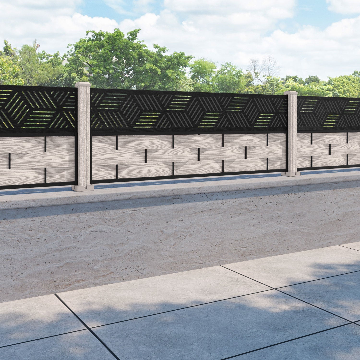 Ripple Cubed Fence Panel - Mid Stone - with our composite posts
