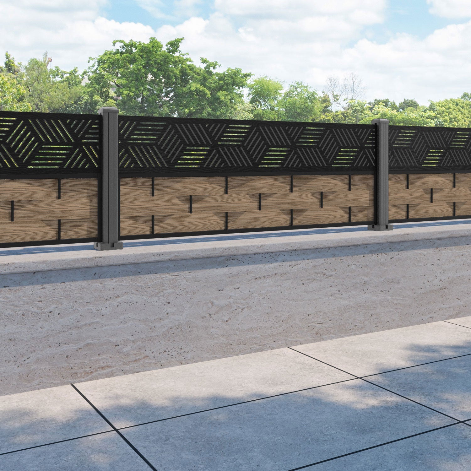 Ripple Cubed Fence Panel - Teak - with our aluminium posts