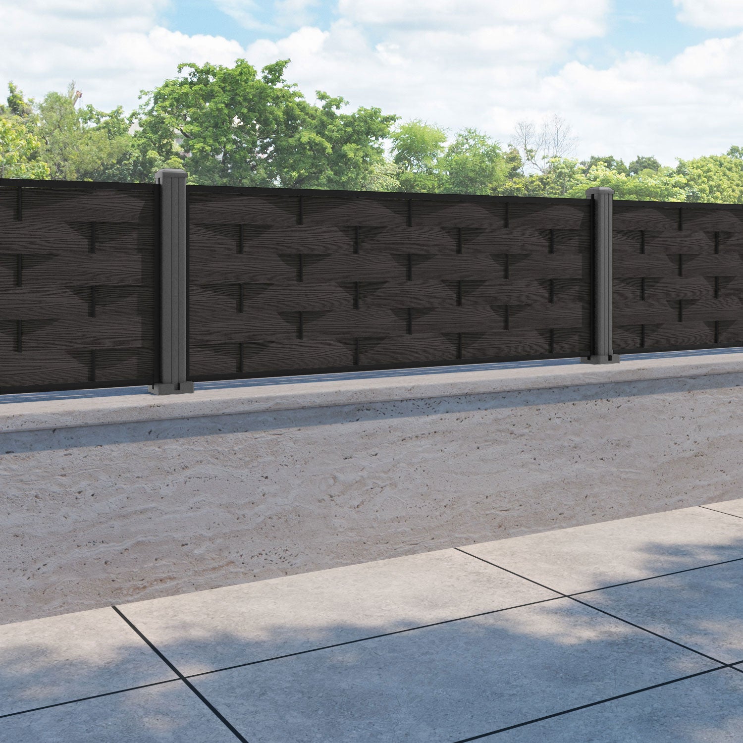 Ripple Fence Panel - Dark Oak - with our aluminium posts