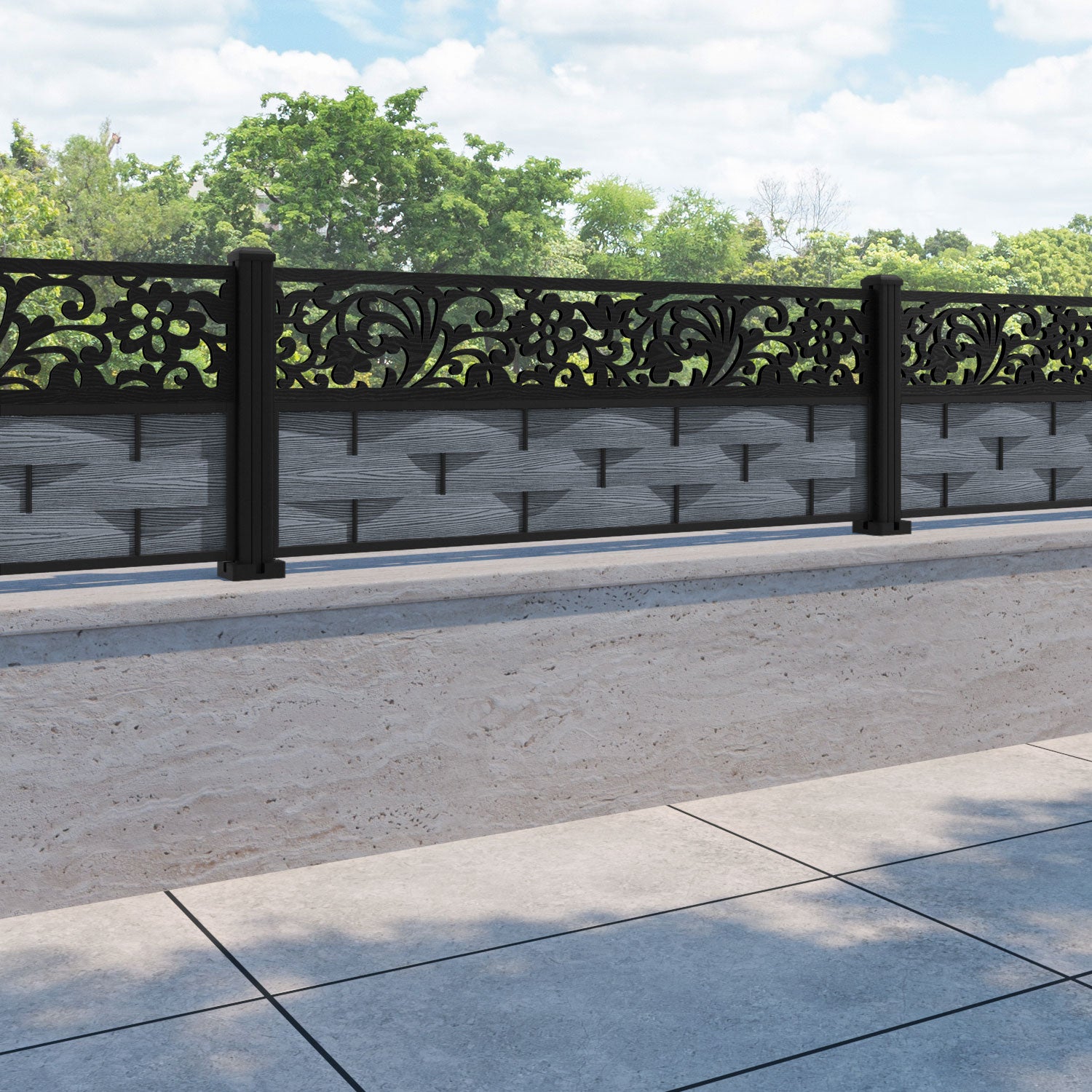 Ripple Eden Fence Panel - Anthracite - with our aluminium posts