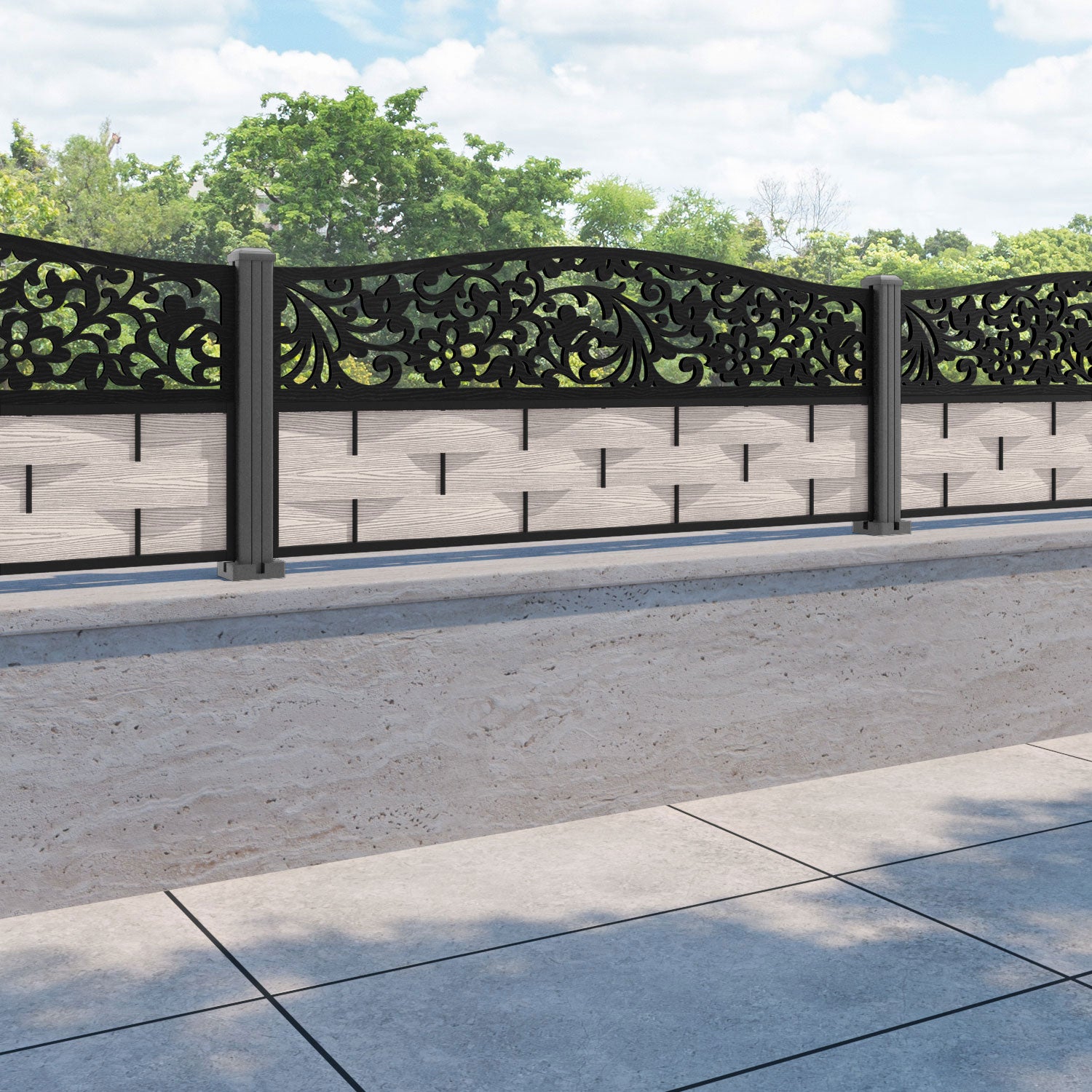 Ripple Eden Curved Top Fence Panel - Mid Stone - with our aluminium posts