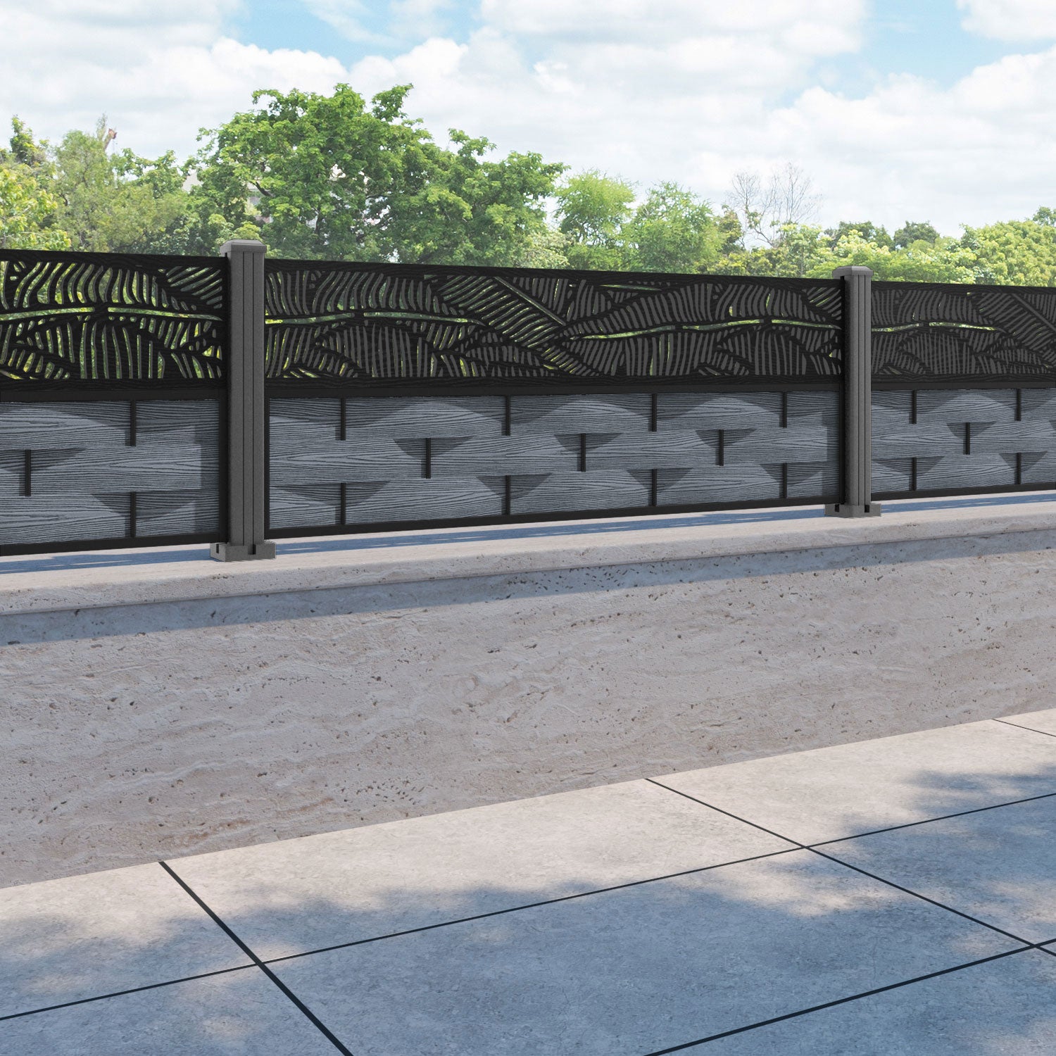 Ripple Feather Fence Panel - Anthracite - with our aluminium posts