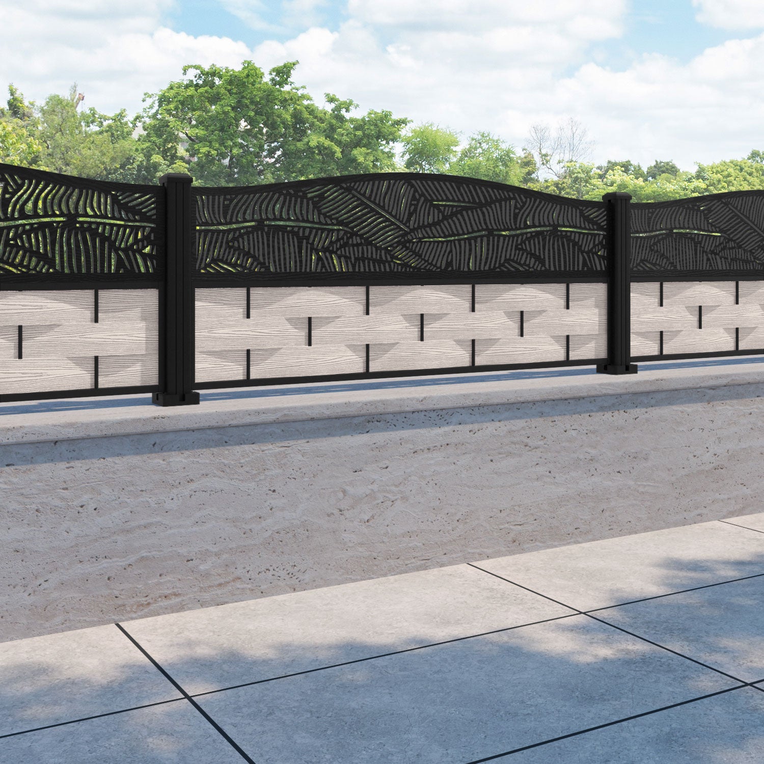 Ripple Feather Curved Top Fence Panel - Mid Stone - with our aluminium posts