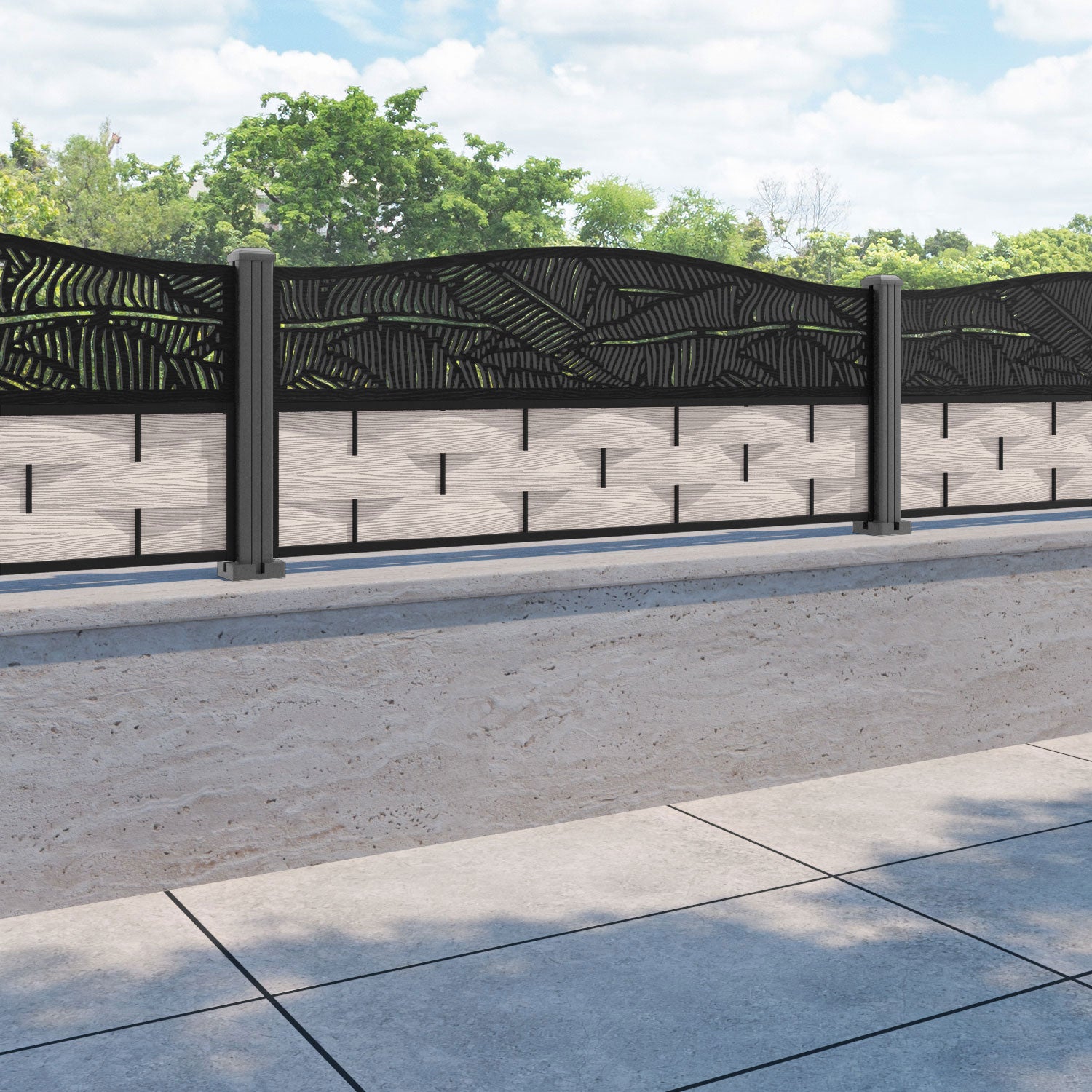 Ripple Feather Curved Top Fence Panel - Mid Stone - with our aluminium posts