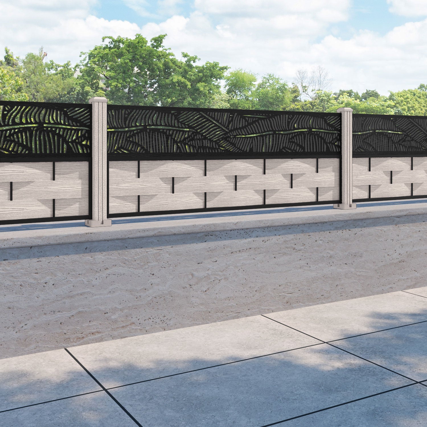 Ripple Feather Fence Panel - Mid Stone - with our composite posts