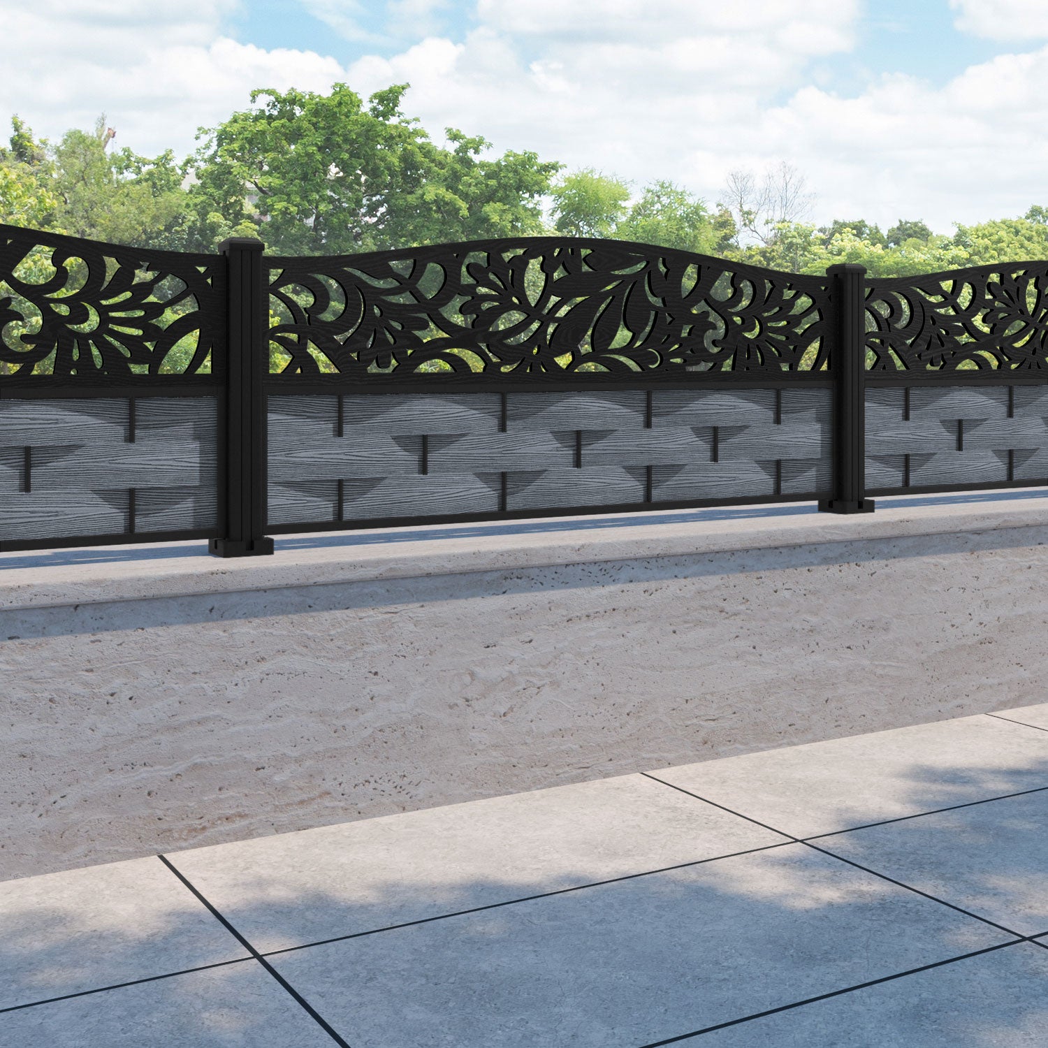 Ripple Heritage Curved Top Fence Panel - Anthracite - with our aluminium posts