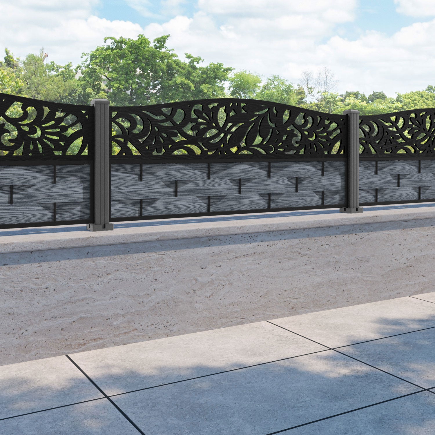 Ripple Heritage Curved Top Fence Panel - Anthracite - with our aluminium posts