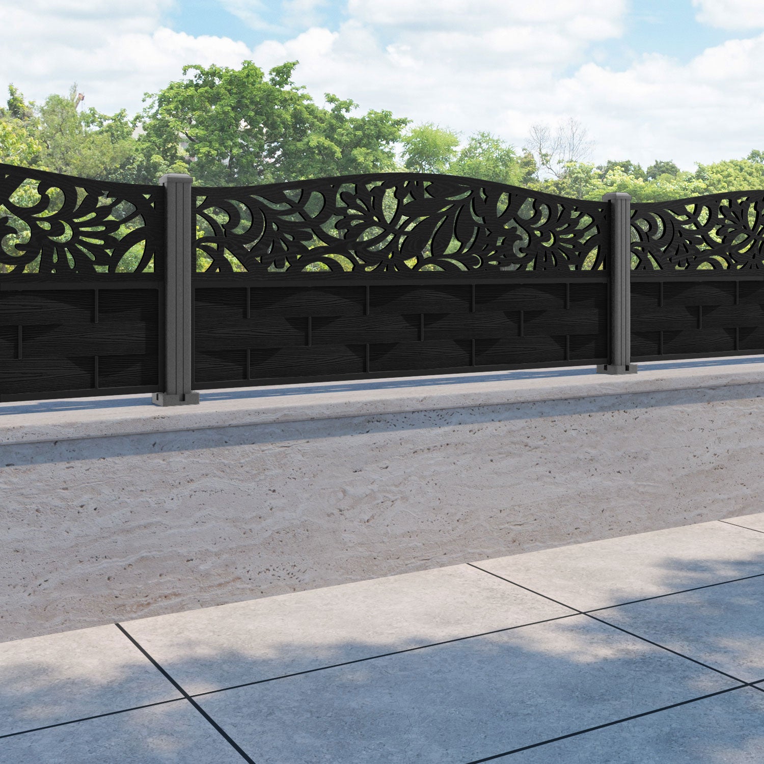 Ripple Heritage Curved Top Fence Panel - Black - with our aluminium posts
