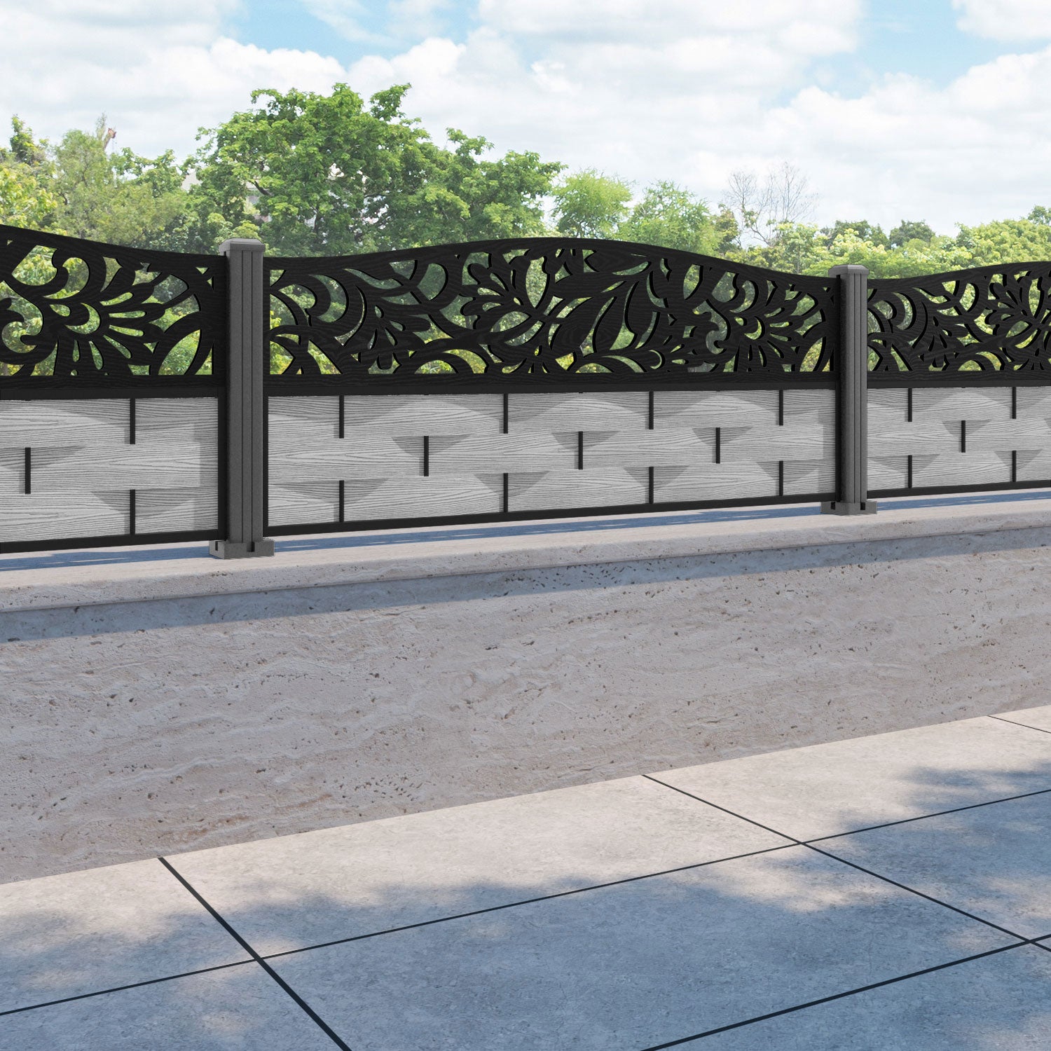 Ripple Heritage Curved Top Fence Panel - Light Grey - with our aluminium posts