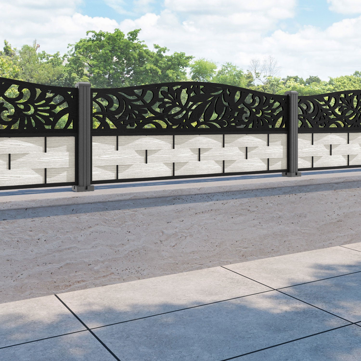 Ripple Heritage Curved Top Fence Panel - Light Stone - with our aluminium posts