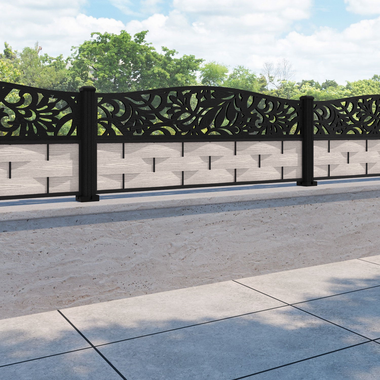 Ripple Heritage Curved Top Fence Panel - Mid Stone - with our composite posts