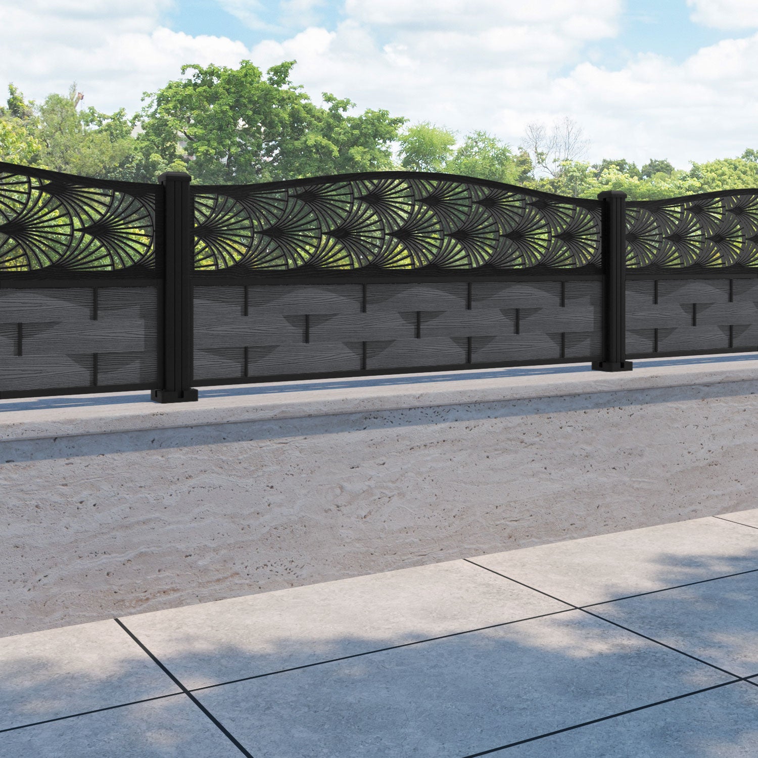 Ripple Laurel Curved Top Fence Panel - Dark Grey - with our aluminium posts