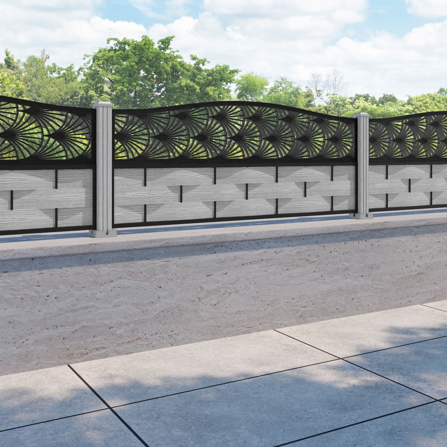 Ripple Laurel Curved Top Fence Panel - Light Grey - with our composite posts