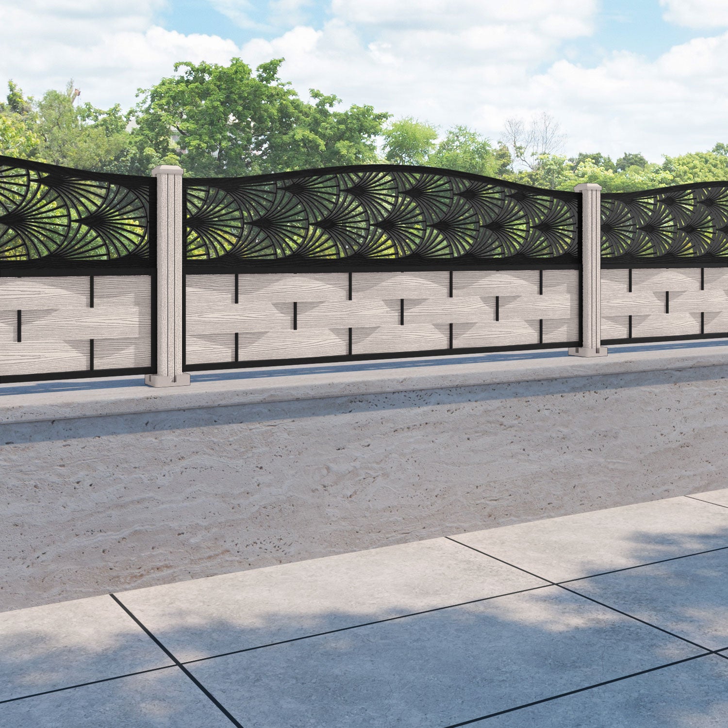 Ripple Laurel Curved Top Fence Panel - Mid Stone - with our composite posts