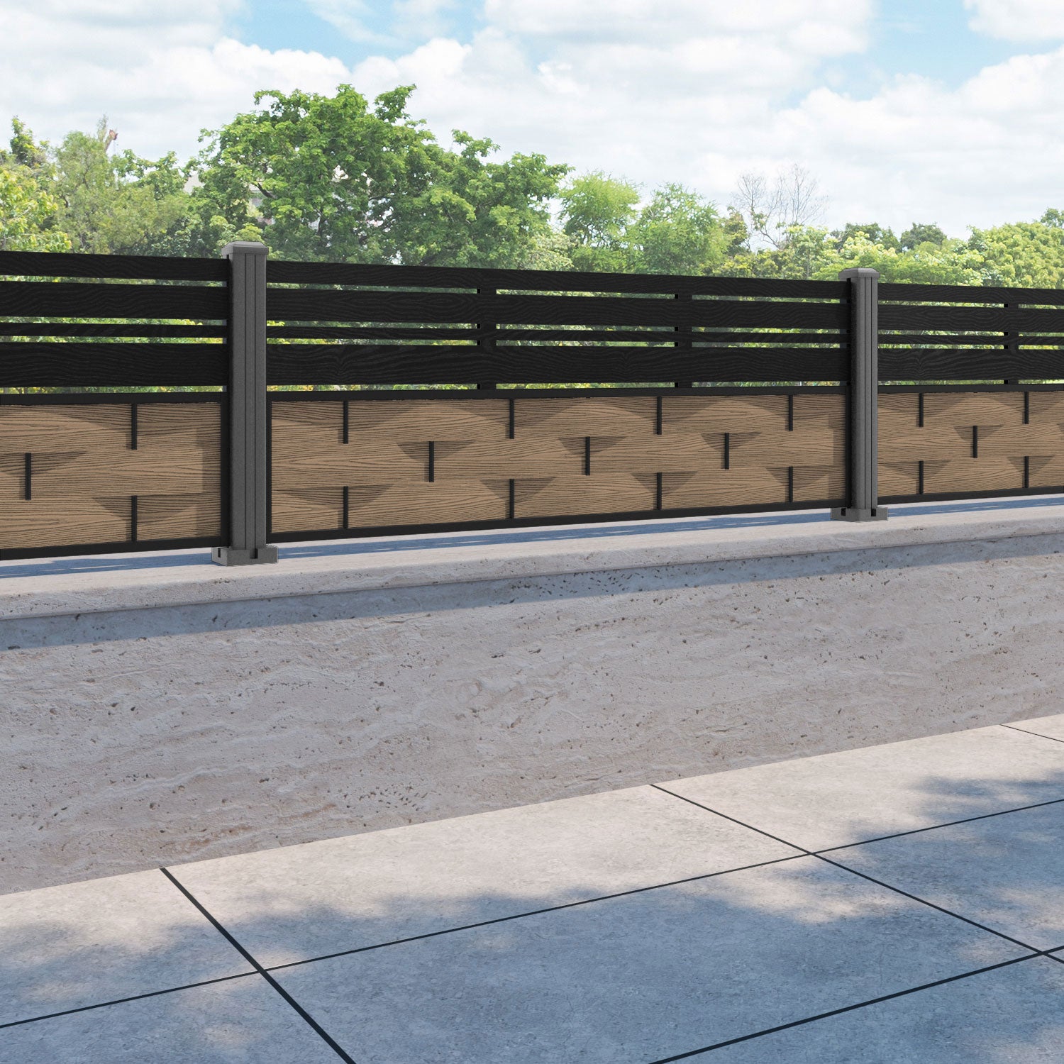 Ripple Linea Fence Panel - Teak - with our aluminium posts