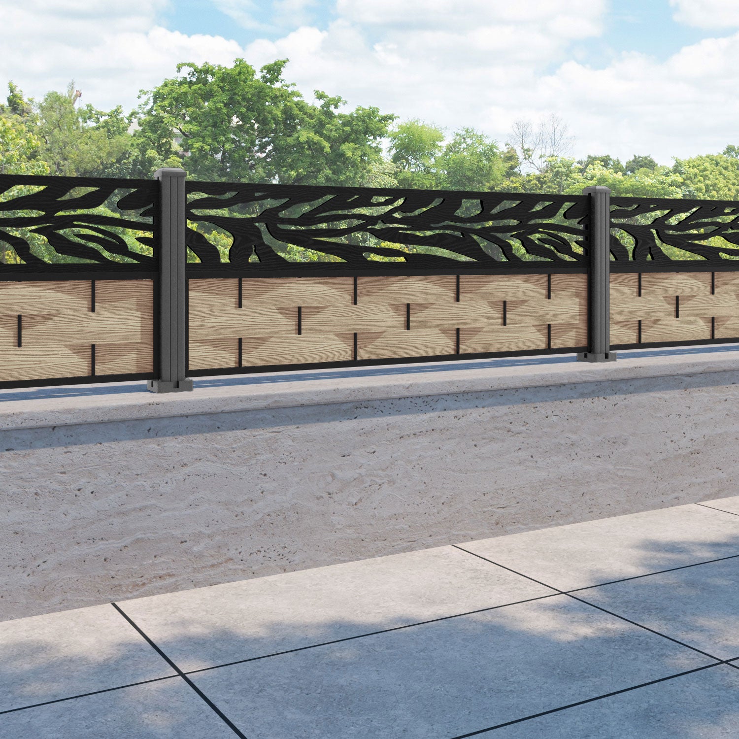 Ripple Malawi Fence Panel - Light Oak - with our aluminium posts