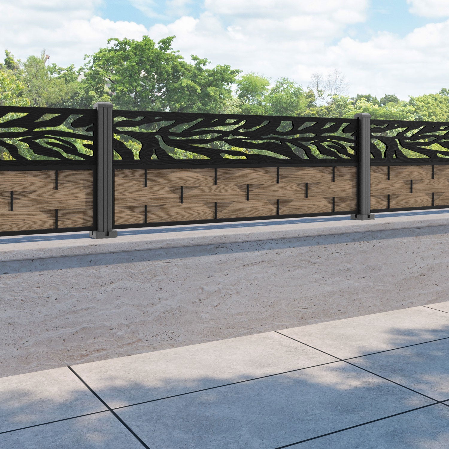 Ripple Malawi Fence Panel - Teak - with our aluminium posts