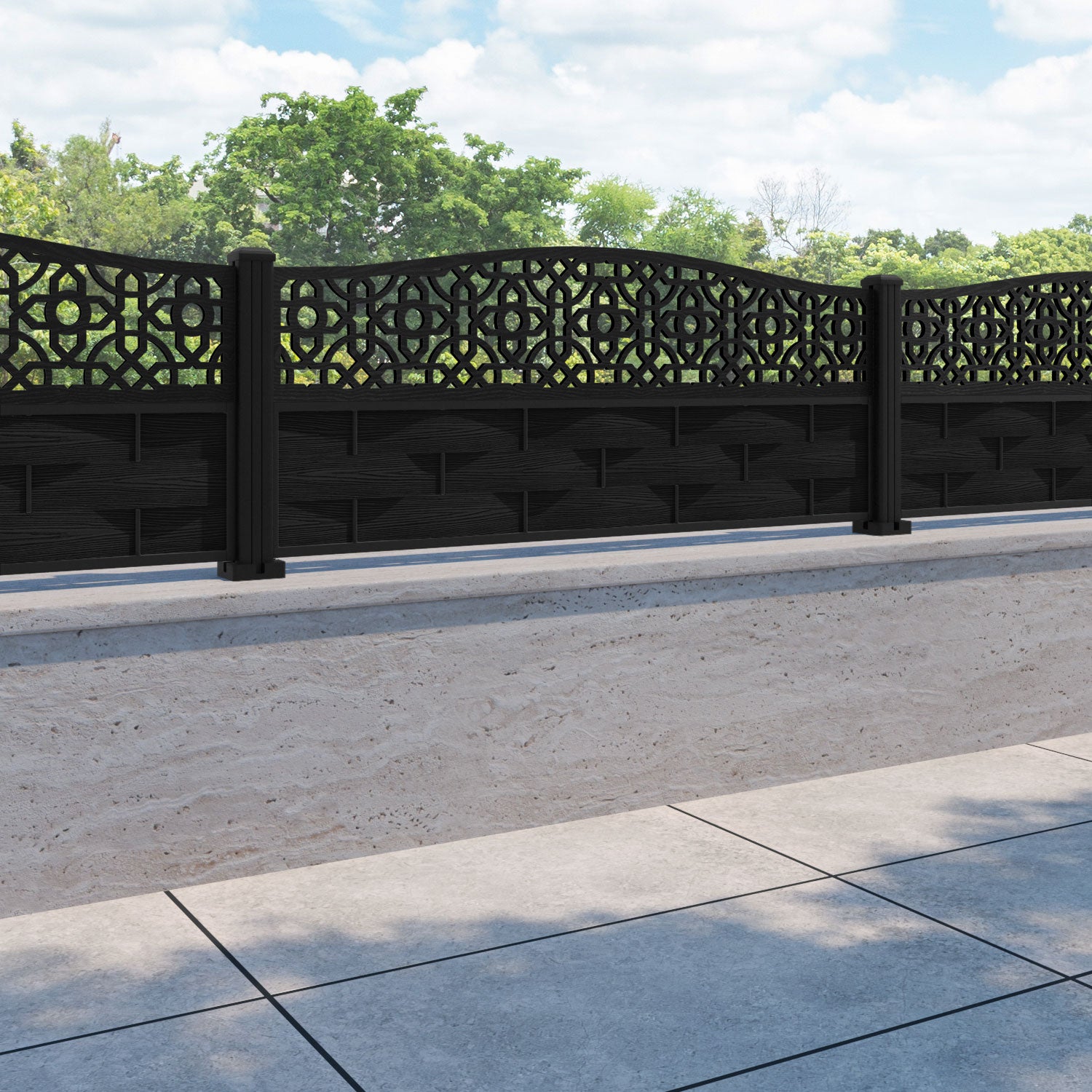 Ripple Nabila Curved Top Fence Panel - Black - with our aluminium posts