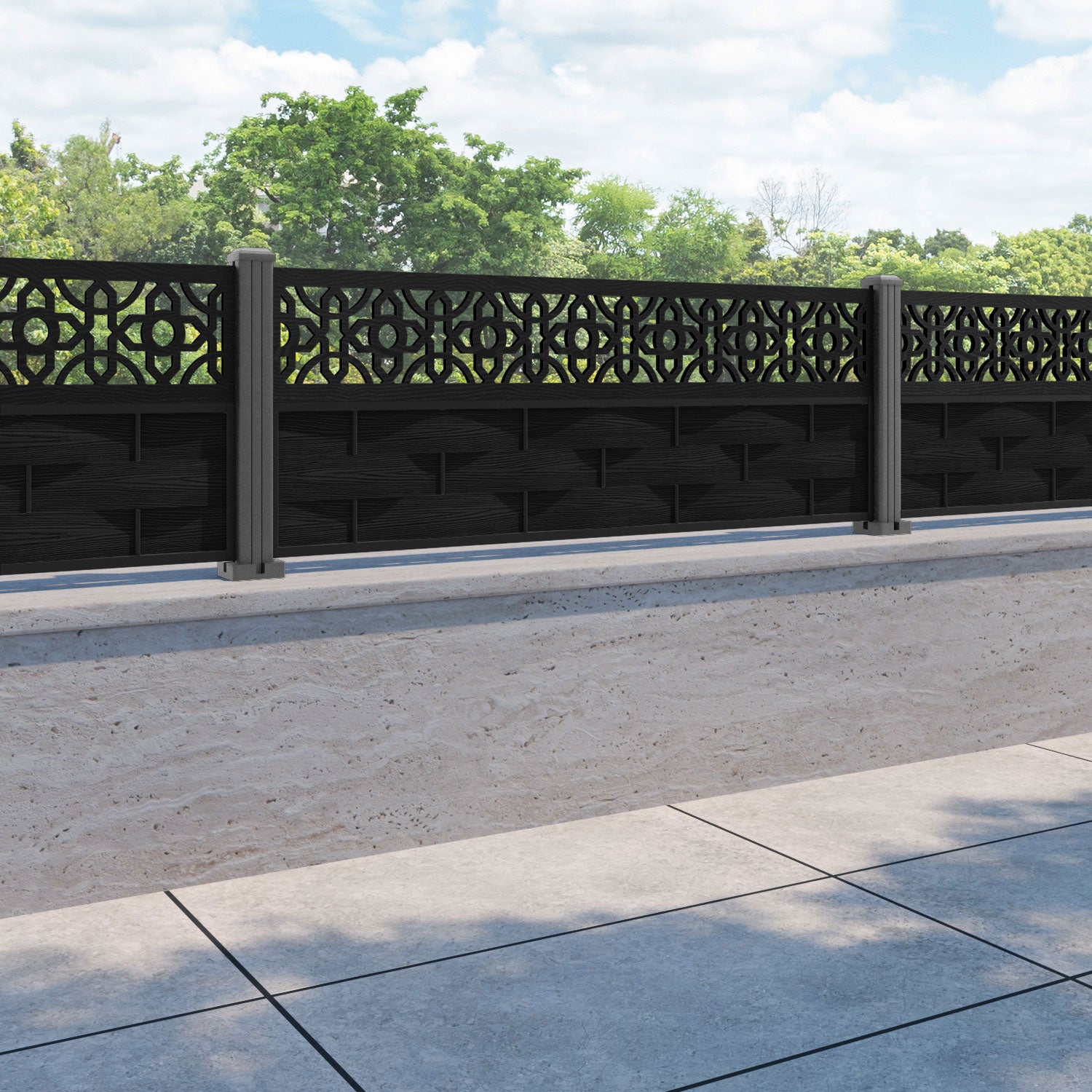 Ripple Nabila Fence Panel - Black - with our aluminium posts