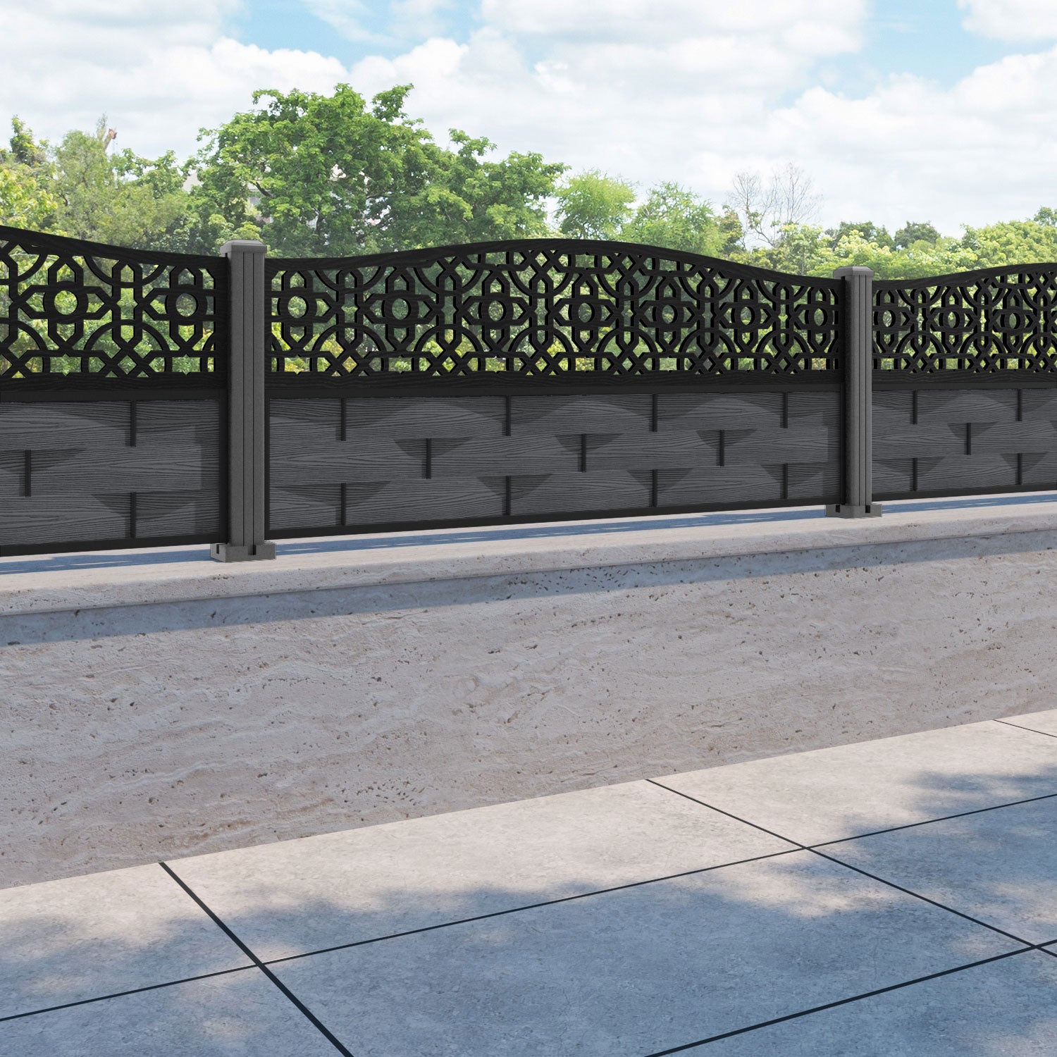 Ripple Nabila Curved Top Fence Panel - Dark Grey - with our aluminium posts