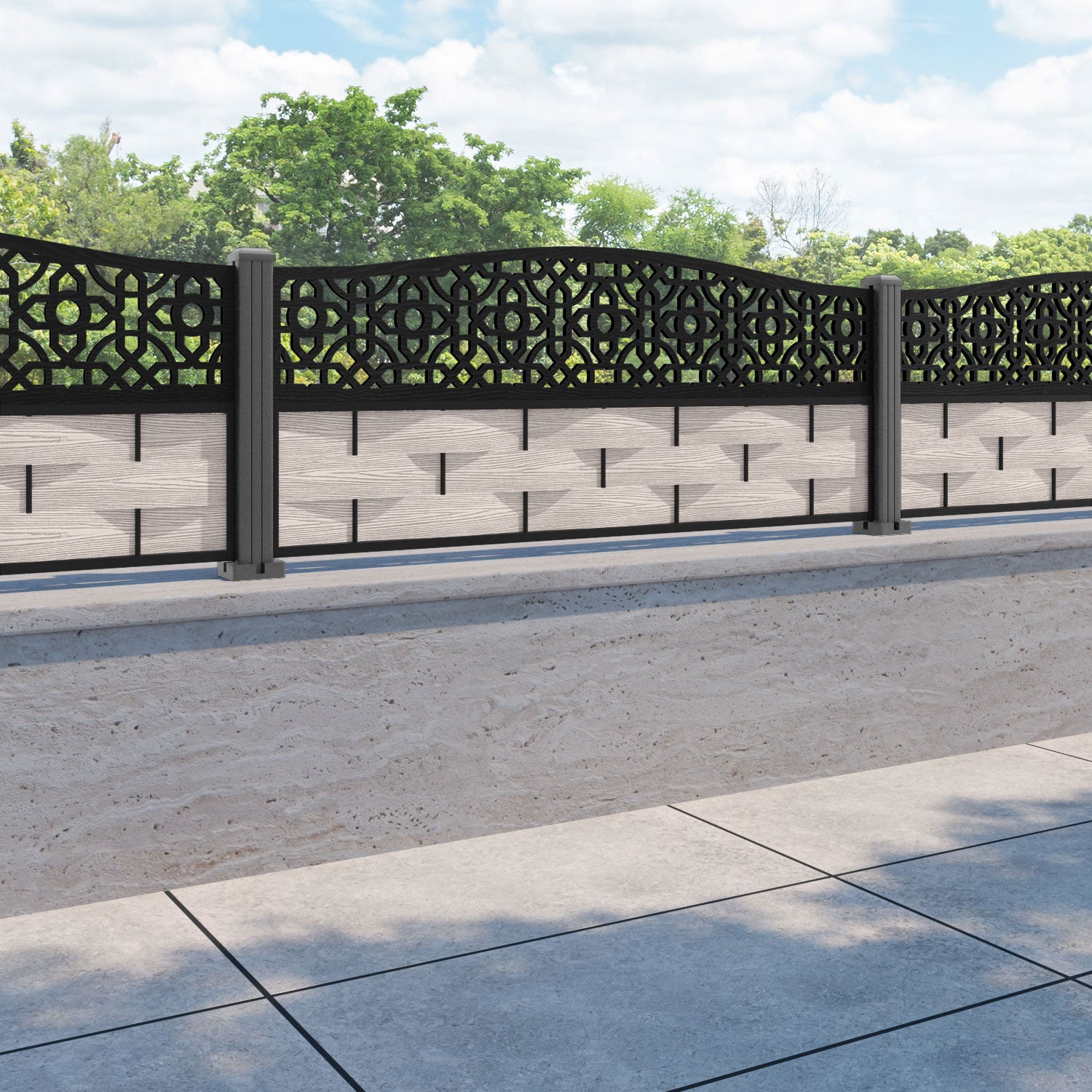 Ripple Nabila Curved Top Fence Panel - Mid Stone - with our aluminium posts