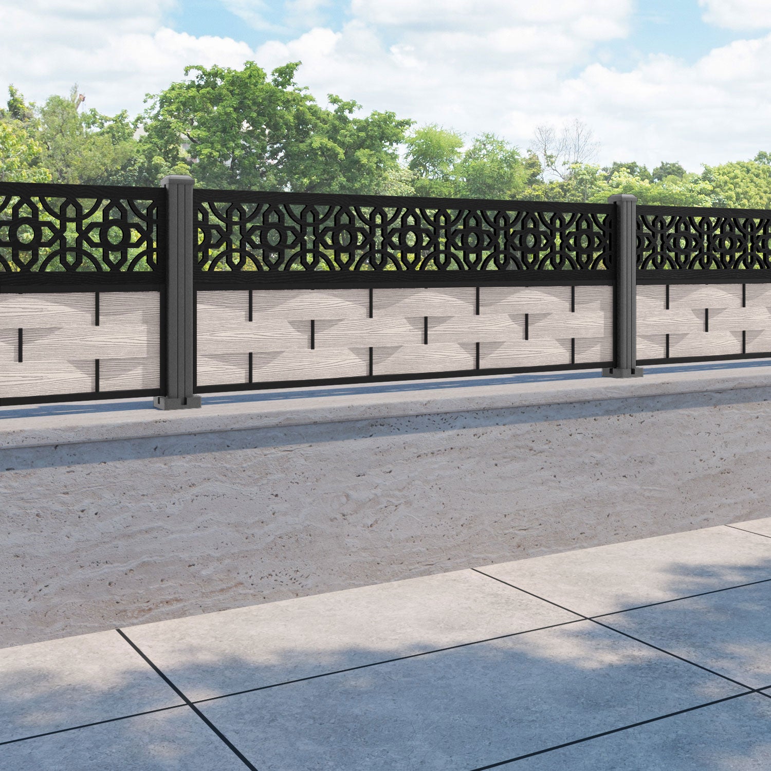 Ripple Nabila Fence Panel - Mid Stone - with our aluminium posts