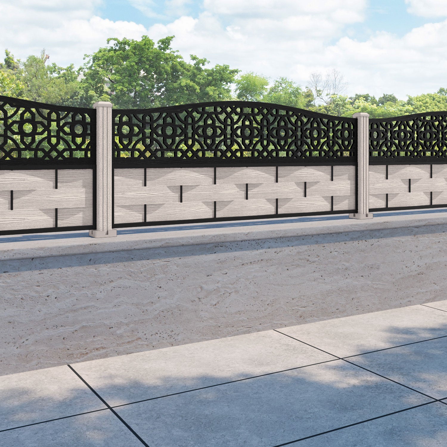 Ripple Nabila Curved Top Fence Panel - Mid Stone - with our composite posts