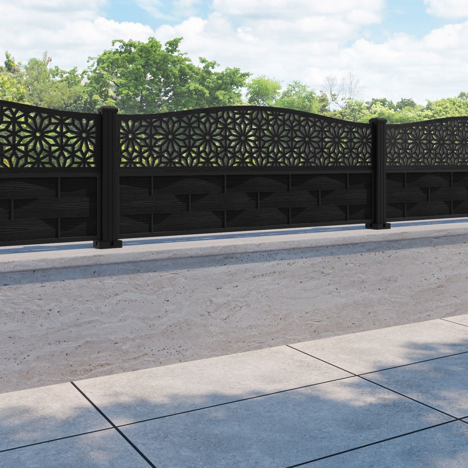 Ripple Narwa Curved Top Fence Panel - Black - with our aluminium posts