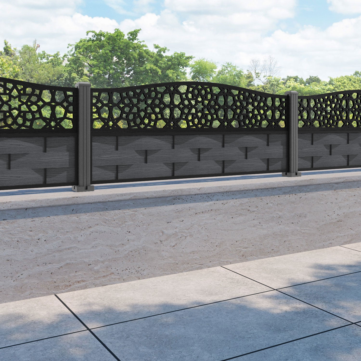 Ripple Nazira Curved Top Fence Panel - Dark Grey - with our aluminium posts